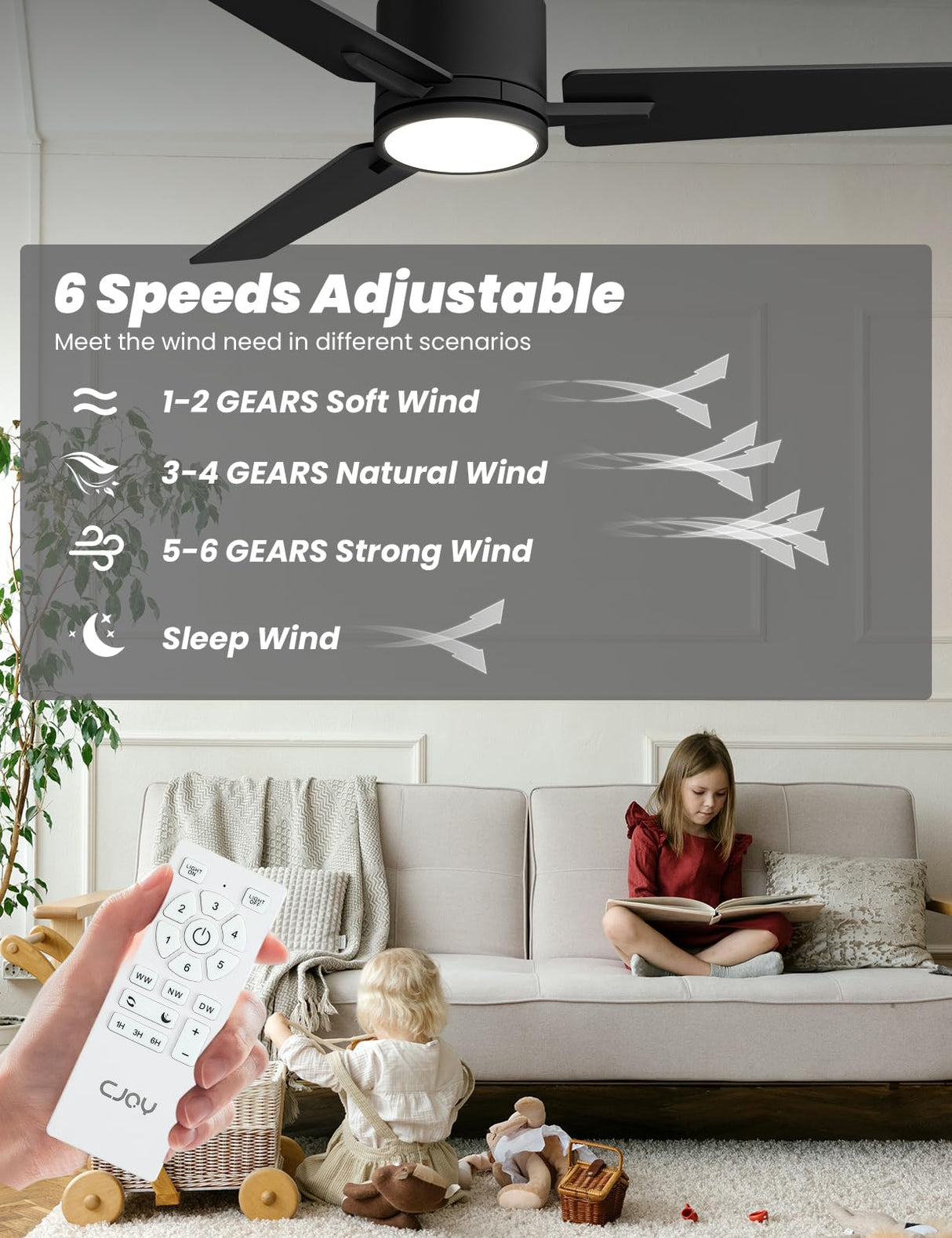 CJOY 52'' Flush Mount Ceiling Fan with Lights, Low Profile Ceiling Fans with Lights and Remote, 6 Speeds Quiet Reversible DC, 3CCT Dimmable, Outdoor Ceiling Fans for Patios Bedroom Living Room CJOY