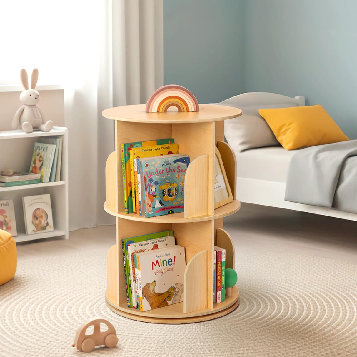 OOOK 2 Tier Rotating Bookshelf, Small Corner Bookshelf Floor Standing Wooden Narrow Bookcase Organizer for Kidsroom, Bedroom, Living Room OOOK