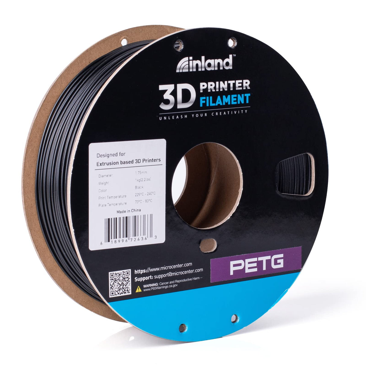 Inland Micro Center PETG Filament 1.75mm, Black - 1KG Spool - Dimensional Accuracy +/- 0.03mm INLAND