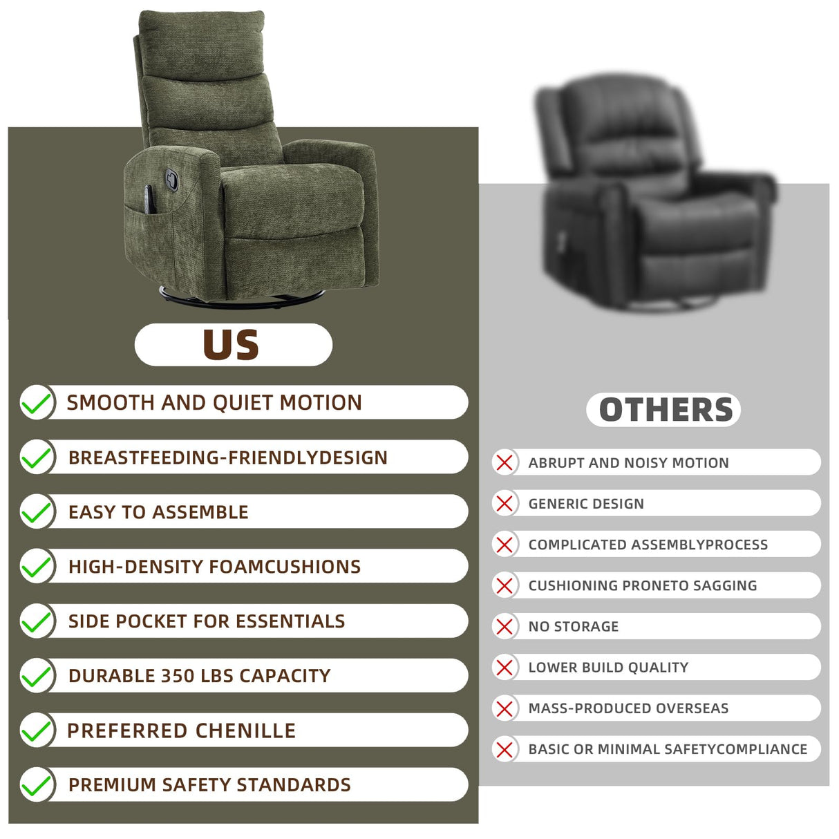 PELUMY Manual Recliner Chair with Heat & Vibration Massage, 360° Swivel Rocker Recliner with 155° Recline and Lumbar Heat, Compact Recliner for Living Room & Small Spaces (Chenille, Green) PELUMY