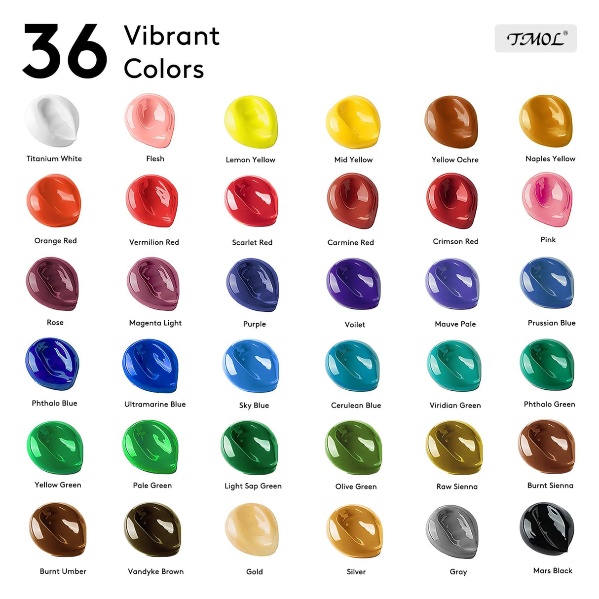 Acrylic Paint Set with 12 Art Brushes, 36 Colors (2 oz/Bottle) Acrylic Paint for Painting Canvas, Wood, Ceramic and Fabric, Paint Set for Beginners, Students and Professional Artist, Rich Pigments TMOL