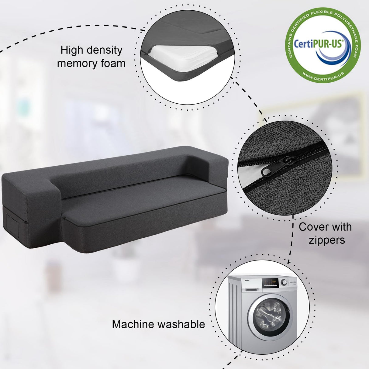 HonTop 8 Inch Folding Sofa Bed Couch Queen Memory Foam Convertible Futon Sleeper Chair Foam Bed for Bedroom Living Room Guest, Dark Grey HonTop