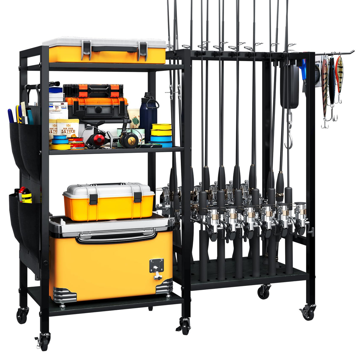 TC-HOMENY 16-Rod Fishing Rod Holder for Garage, Fishing Pole Rack Cart Fit All Fishing Rods, 3 Tier Fishing Tackle Storage Organizer Rack with Storage Bag, For Living Room TC-HOMENY