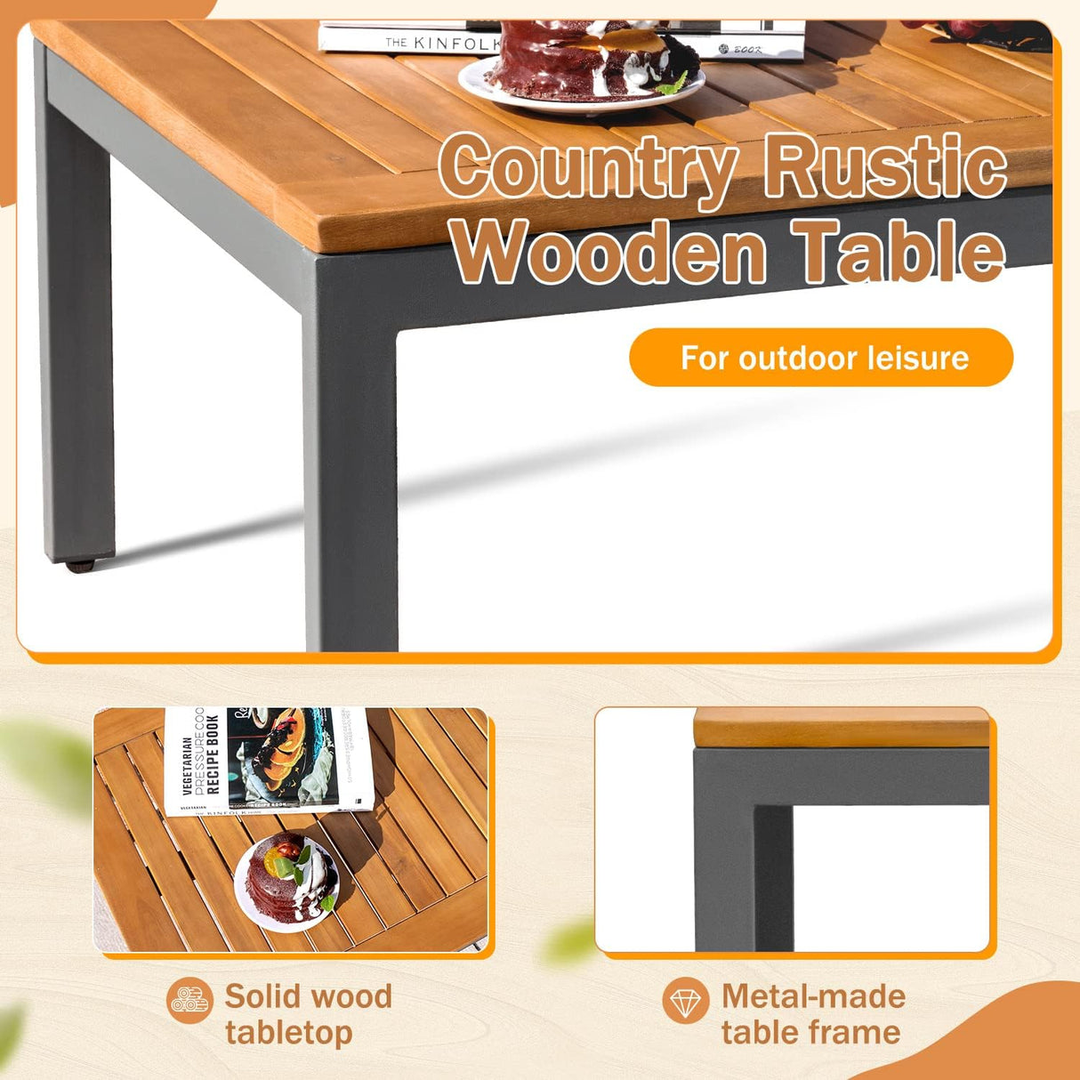 Greesum 4 Piece Furniture Patio Lounge Conversation Set Solid Wood Armrest & Table Top Anti-Drop Thick Waterproof Cushion, Onesize, Light Beige Greesum