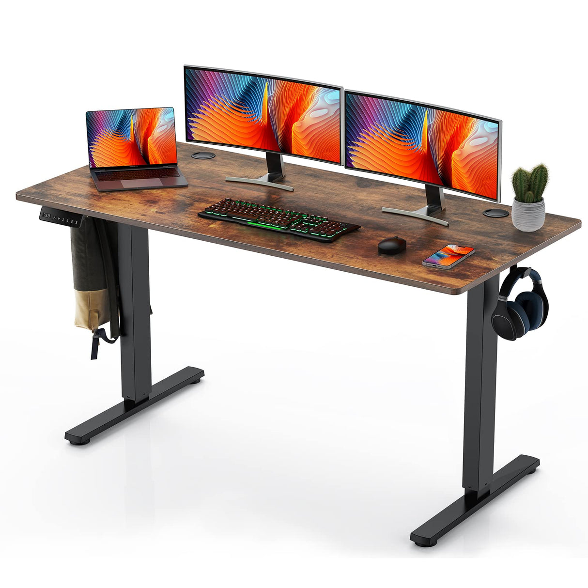 Sweetcrispy 55 x 24in Adjustable Height Electric Standing Computer Home Office Desk Ergonomic Workstation with 3 Memory Controller, 55"x24", Rustic Brown+Black Sweetcrispy