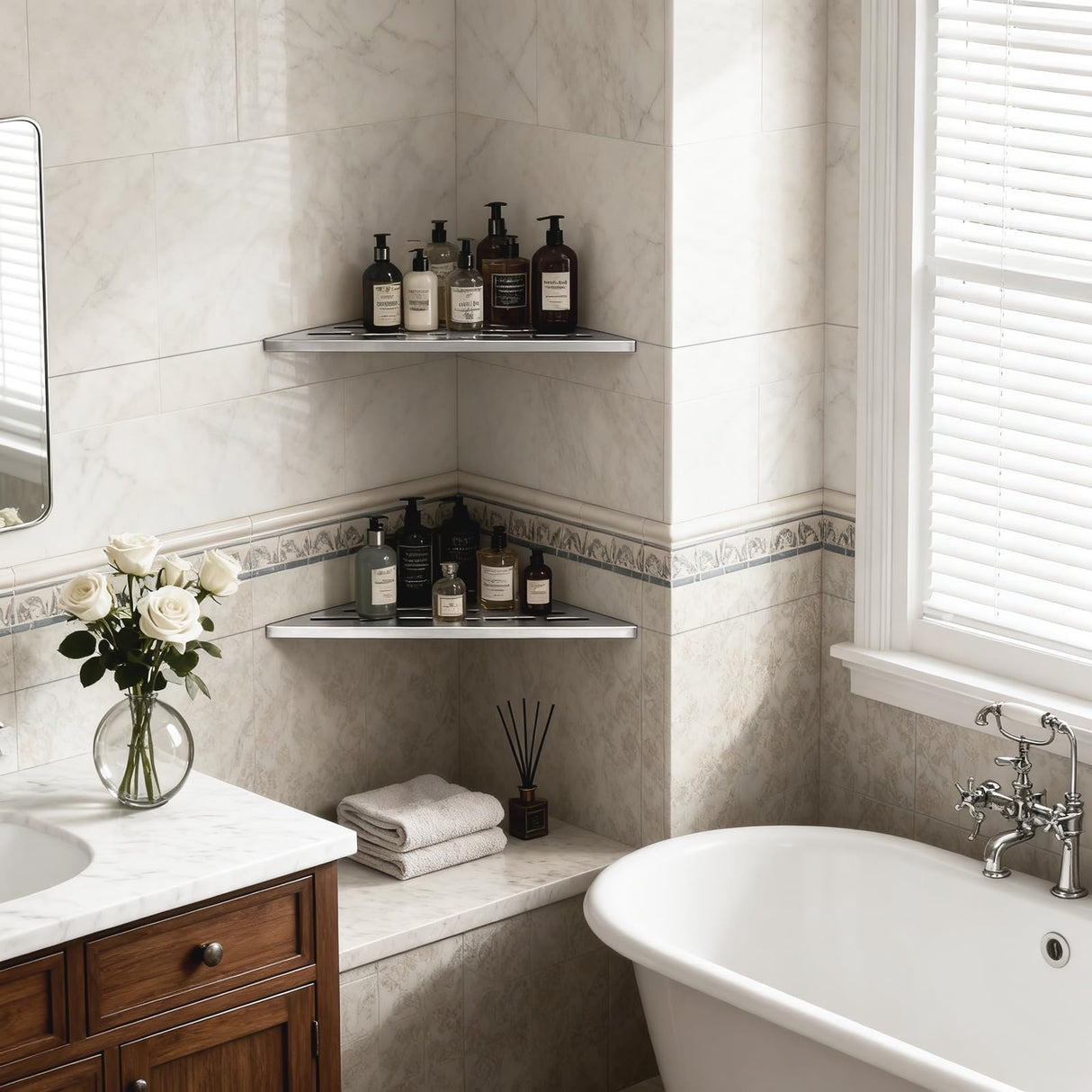 BWE 10" Shower Corner Shelf, 304 Stainless Steel Shower Shelves, Slot Design Corner Shower Shelf, Recessed Bathroom Storage Organizer for Tiled Wall,No Drilling Need, Brushed Nickel 2 Pack BWE