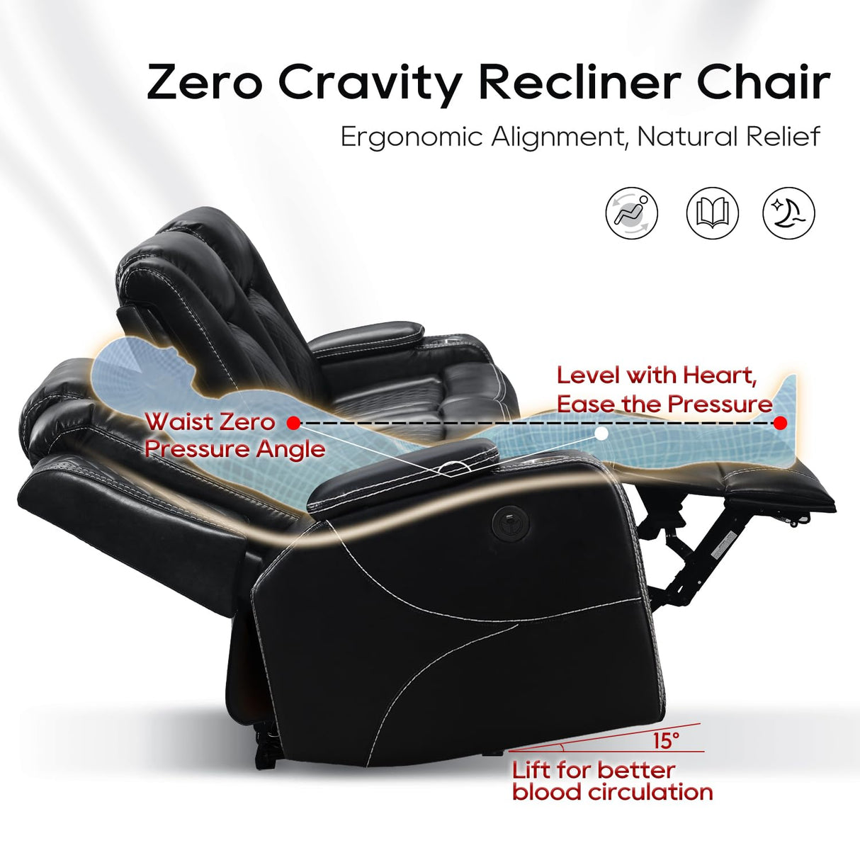 Power Recliner Sofa Set of 3 Pieces with Bass Speakers for Living Room, Faux Leather Electric Zero Gravity 3 Seater Reclining Couch with Wireless Charger and Loveseat Theater Chair w/LED Lights,Black Comfort Stretch