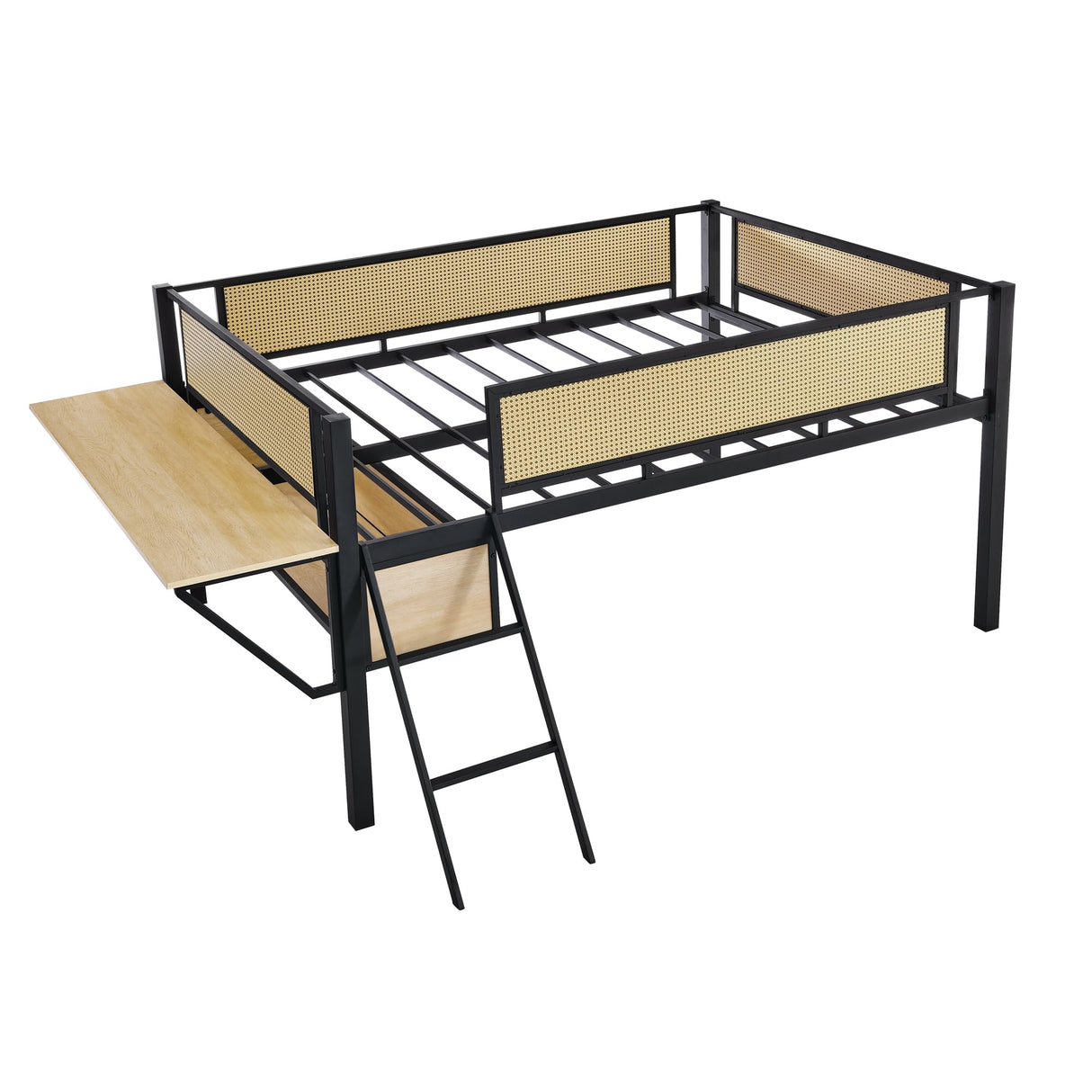 Bellemave Full Loft Bed with Desk, Gaming mid loft Bed with Desk, LED, Low loft beds for Adults, Teens, Kids, Black+Natural Bellemave