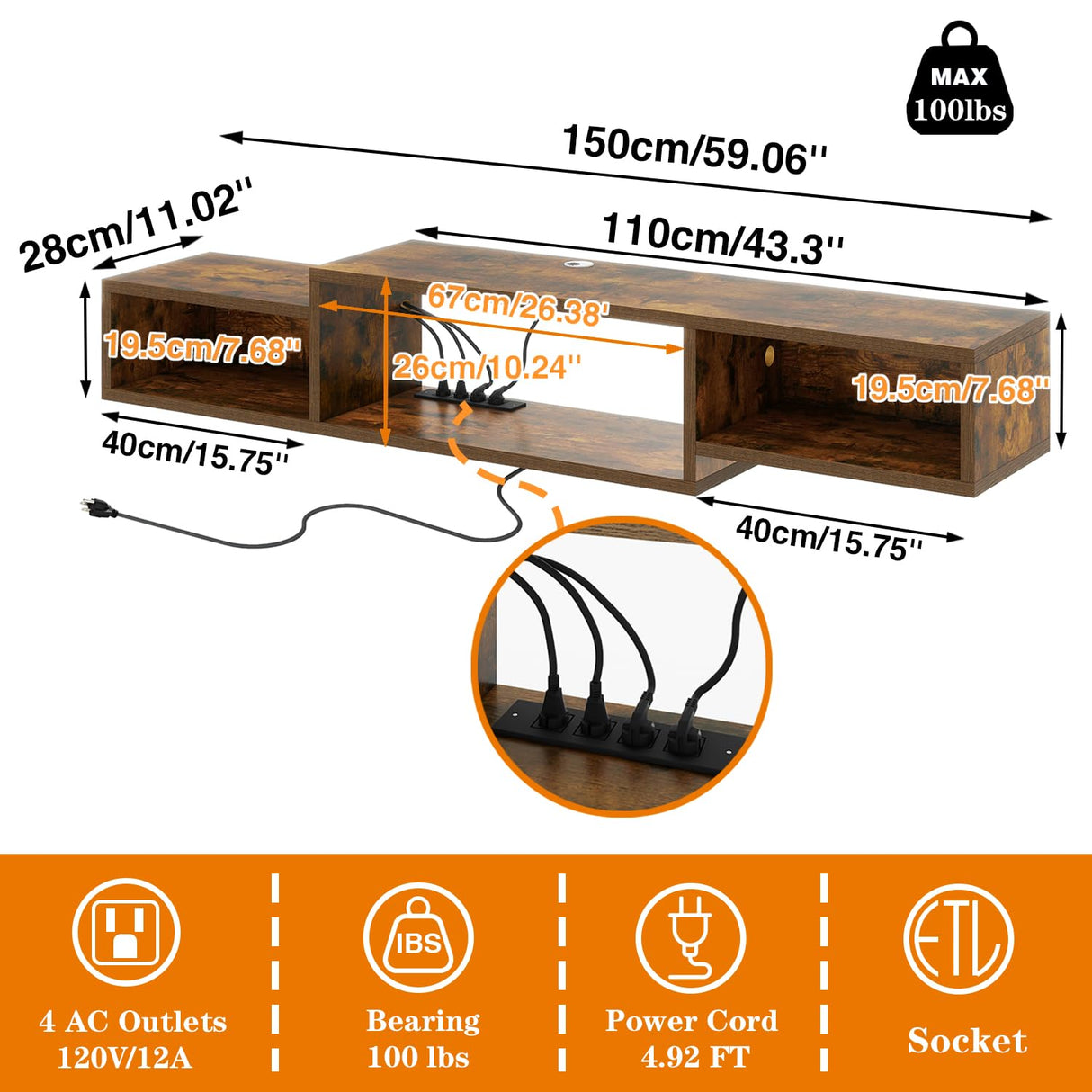 IBUYKE 59" Floating TV Stand Wall Mounted with Power Outlet,Wood Wall Mounted Media Console Shelf,Floating Entertainment Center for Under TV Storage for Living Room Bedroom Office,Rustic Brown WST007H IBUYKE