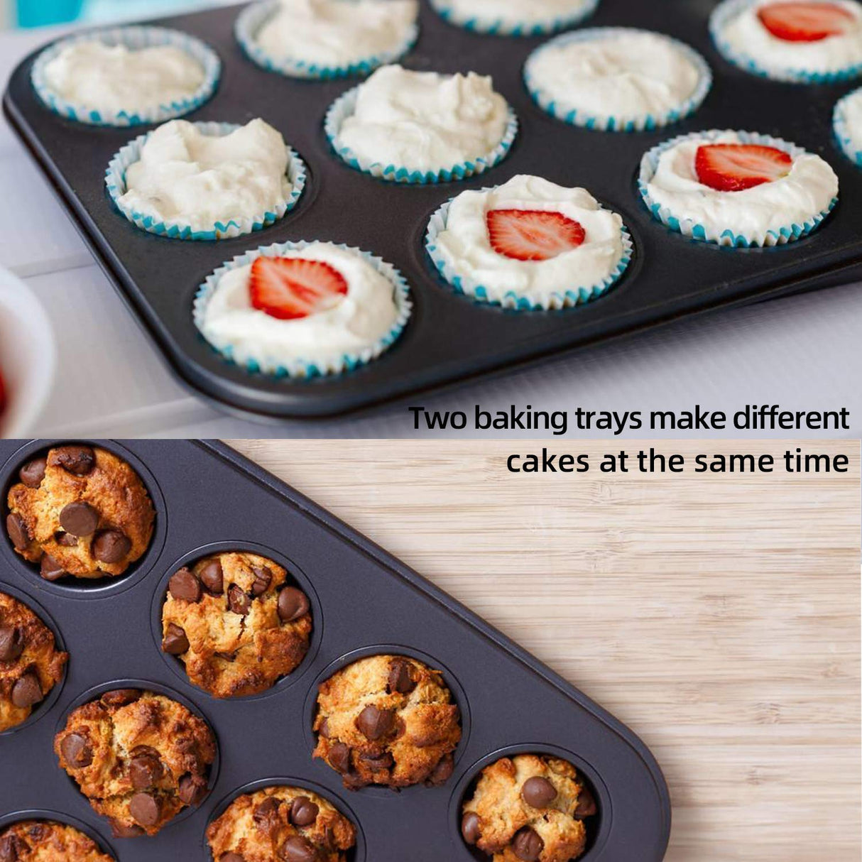 Muffin Pan, 12 Cupcake Pan, 2 Sets of Nonstick Brownie Bakeware Muffin Tin, Cupcake Tray, Baking Pan for Kitchen Oven, Black 13.9 x 10.5 x 1.2 inches Cemueo