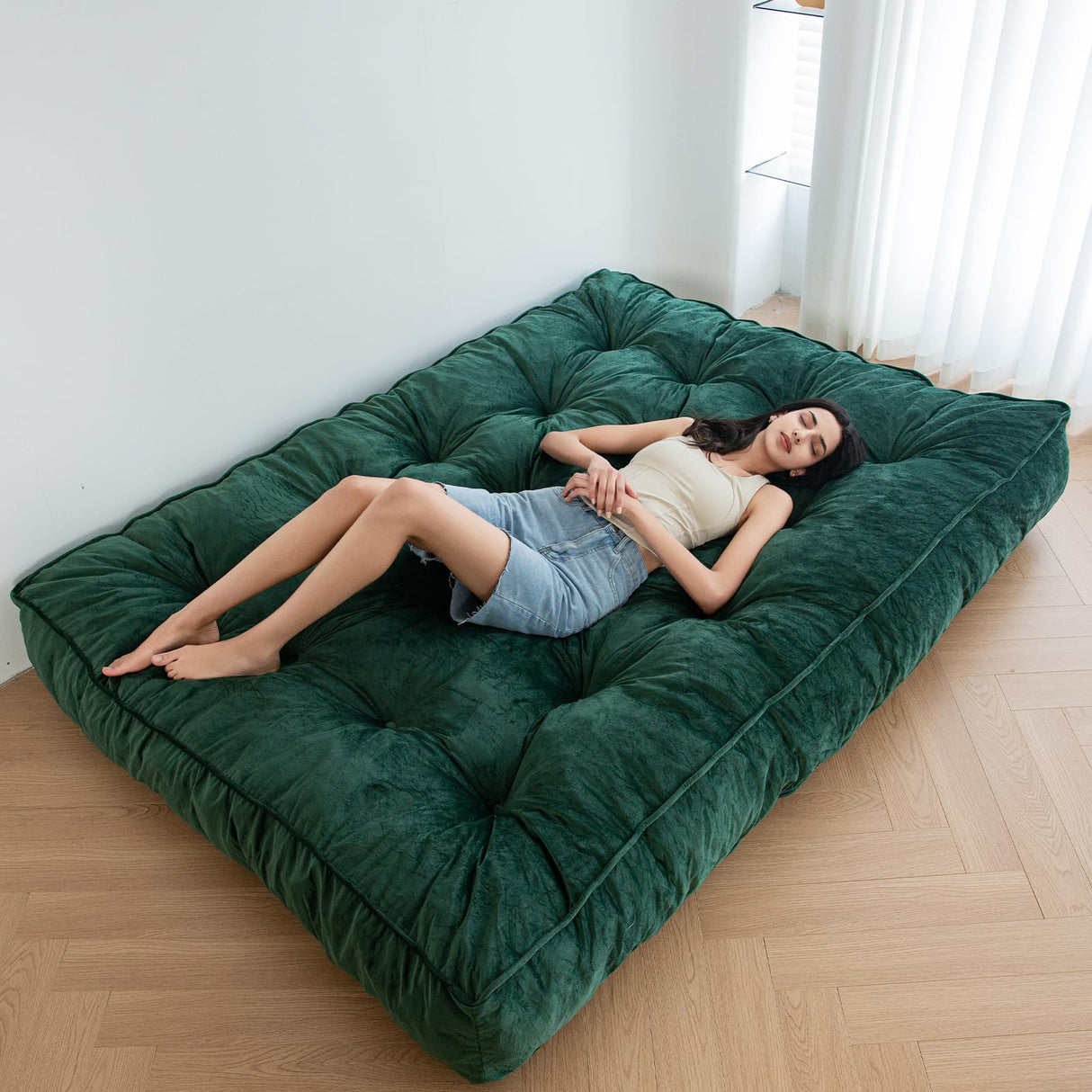 MAXYOYO 8" Futon Mattress Full Size, Extra Thick Futons Sofa Couch Bed, Velvet Floor Mattress for Adults, Shredded Foam Filling (Frame Not Included), Green MAXYOYO