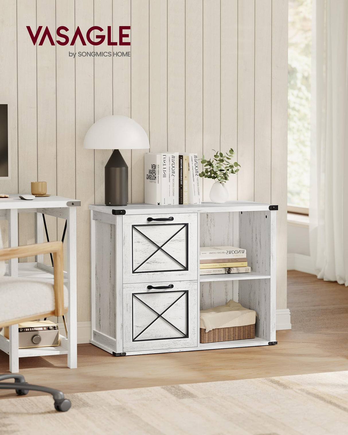 VASAGLE Lateral File Cabinet, Filing Cabinet with 2 Drawers, Printer Stand, 2 Open Compartments, Fit A4, Letter Size, Hanging File Folders, for Home Office, Farmhouse Style, Rustic White UOFC049T73 VASAGLE