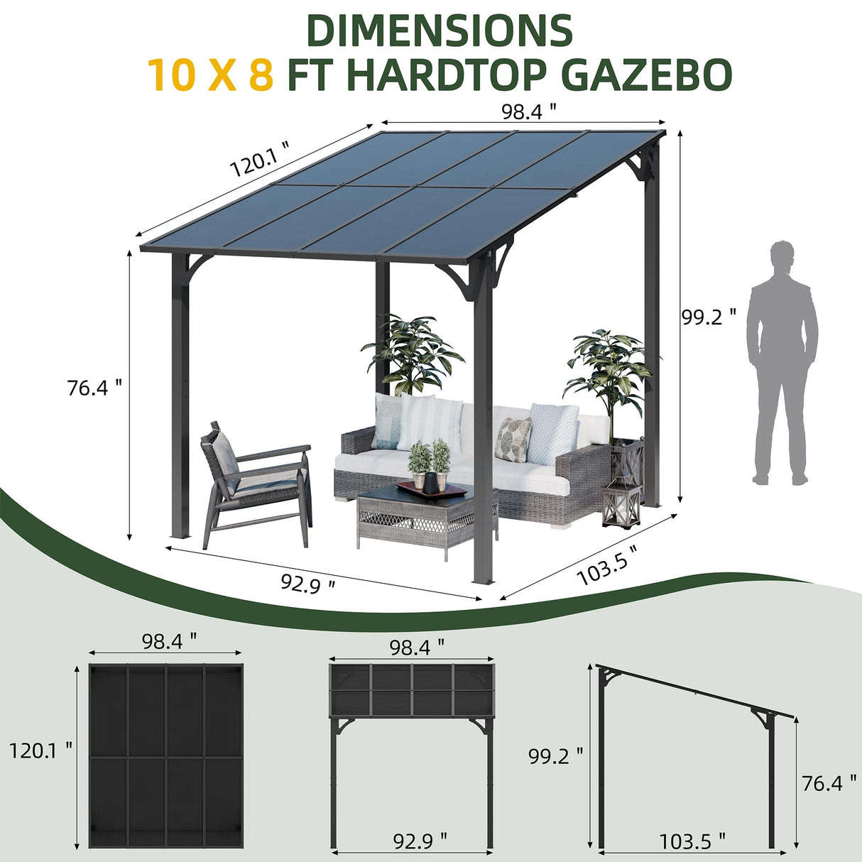 Vongrasig 10’ x 8’ Gazebo for Patio, Large Wall-Mounted Pergola Gazebo on Clearance, Outdoor Lean to Awnings for Backyard, Deck, Patio Vongrasig