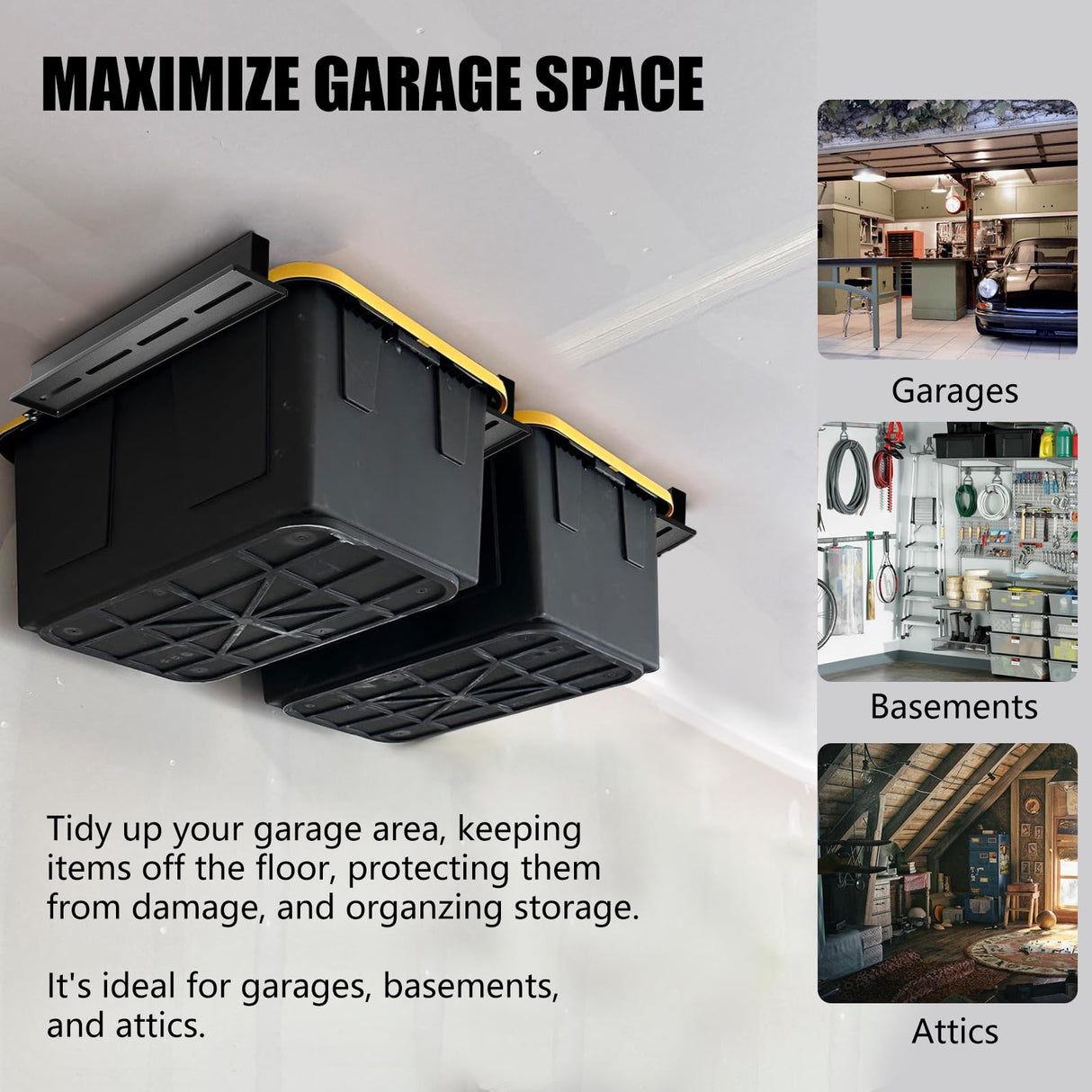 TOPTGO Overhead Garage Storage Rack,Garage Ceiling Storage Racks for Utility Bins,Overhead Tote Storage Rail System,Heavy Duty Ceiling Rack Storage Rails System Supports Most Bins(3 Pack for 2 Bins) TOPTGO