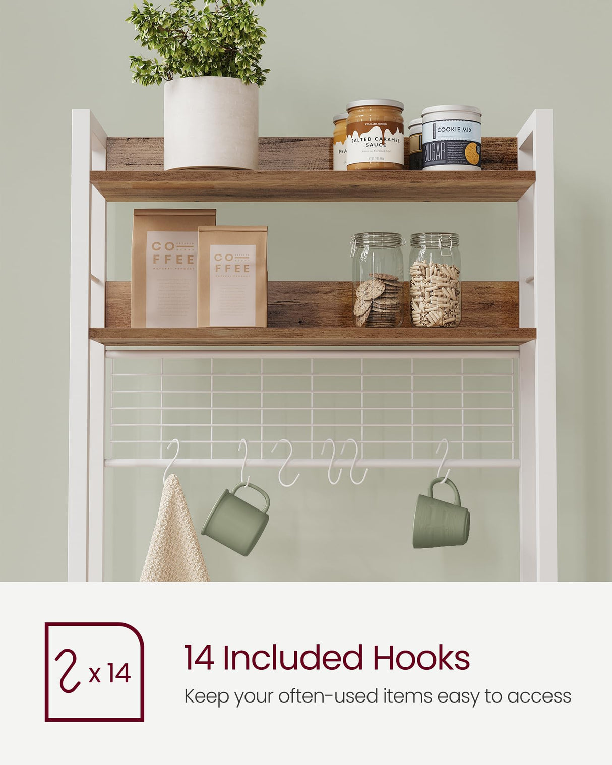 VASAGLE Hutch Bakers Rack with Power Outlet, 14 Hooks Microwave Stand, Adjustable Coffee Bar with Metal Wire Panel, Kitchen Storage Shelf, 15.7 x 23.6 x 66.9 Inches, Rustic Walnut and White UKKS037W41 VASAGLE