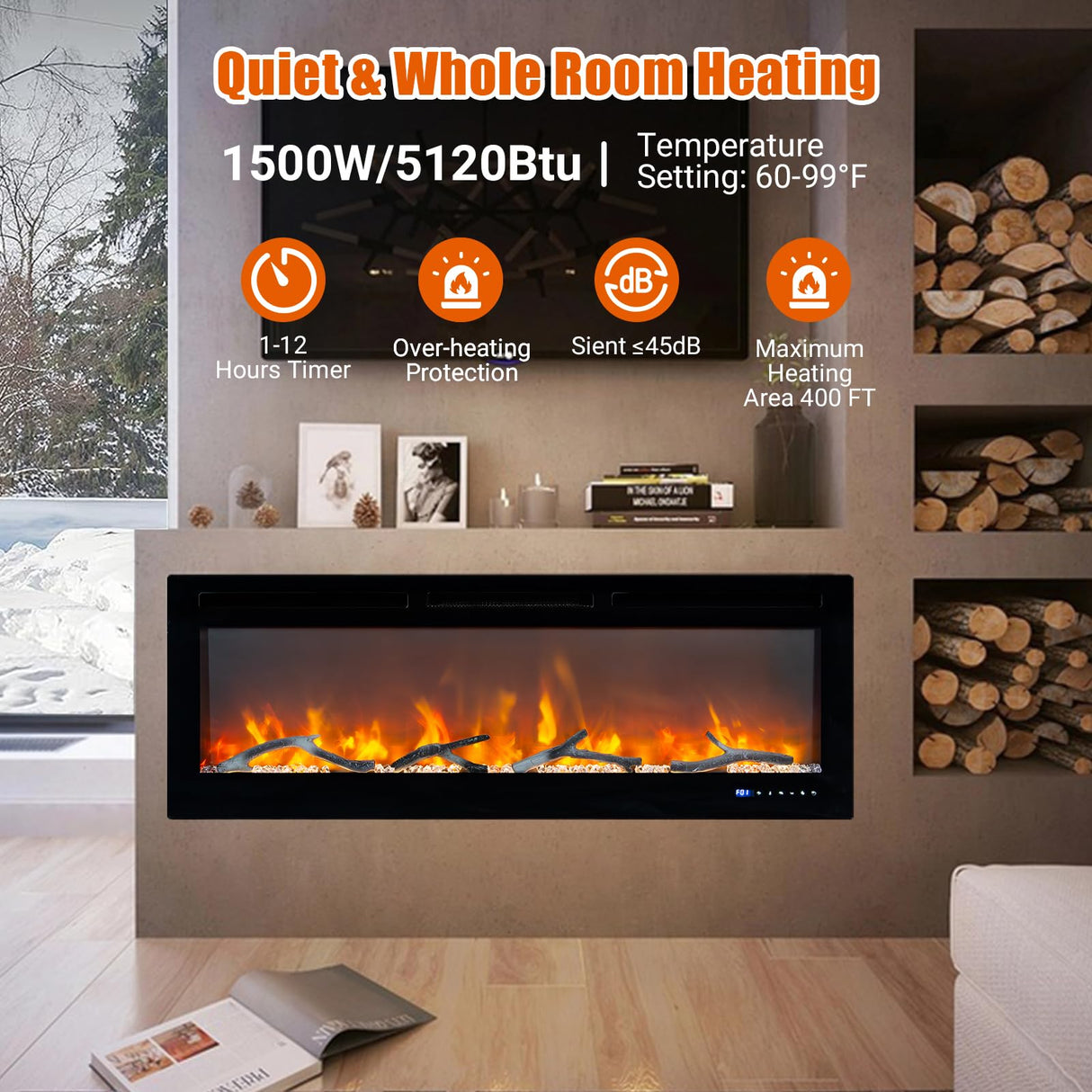 Electric Fireplace, 50 Inch Wall Mounted Fireplace Heater with Adjustable Flame Color, Compatible with WiFi & Remote, Recessed/in-Wall Recessed Fireplace Insert, Touch Screen, Low Noise, 12Hrs Timer Euker