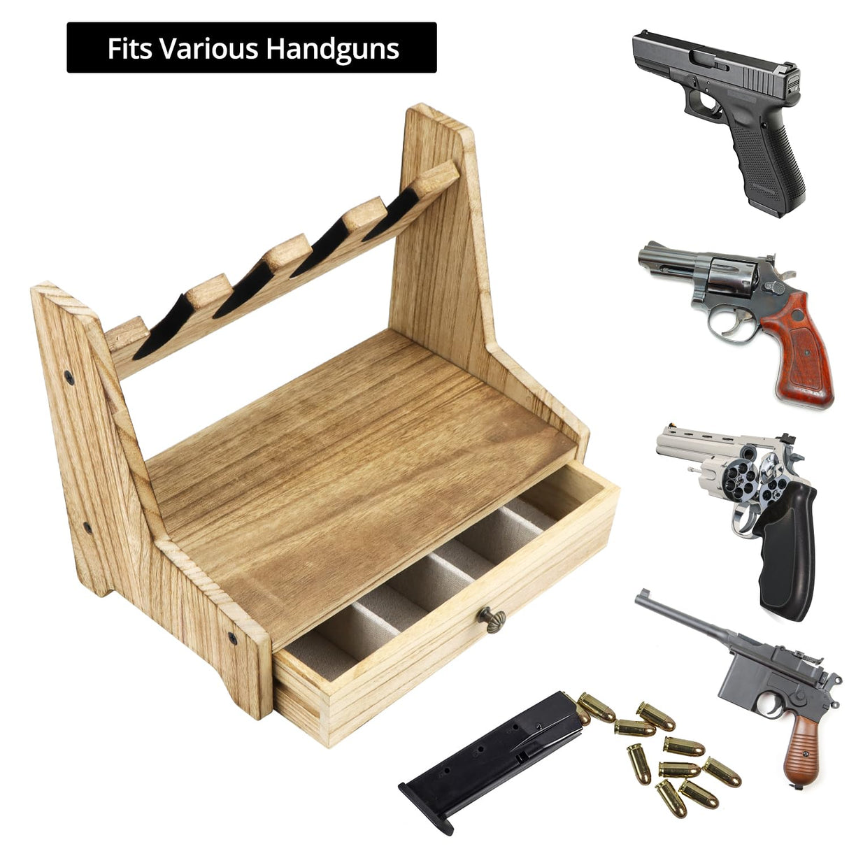 QWORK Wood Pistol Rack Gun Safe - Handgun Rack for Gun Cabinet Storage, with Additional Magazine and Bullet Storage Drawer, 12.2" x 7.6" x 8.5", Pistol Rack Holder, Gun Rack Organizer QWORK