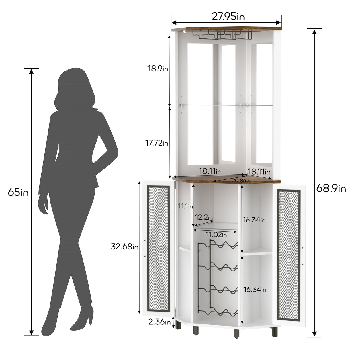 Oransail 68.9“ Tall Corner Bar Cabinet, Wine Bar with LED Light and Mirror, Farmhouse Liquor Cabinet with Adjustable Shelf & Glass Rack, for Dining Room, Living Room Oransail