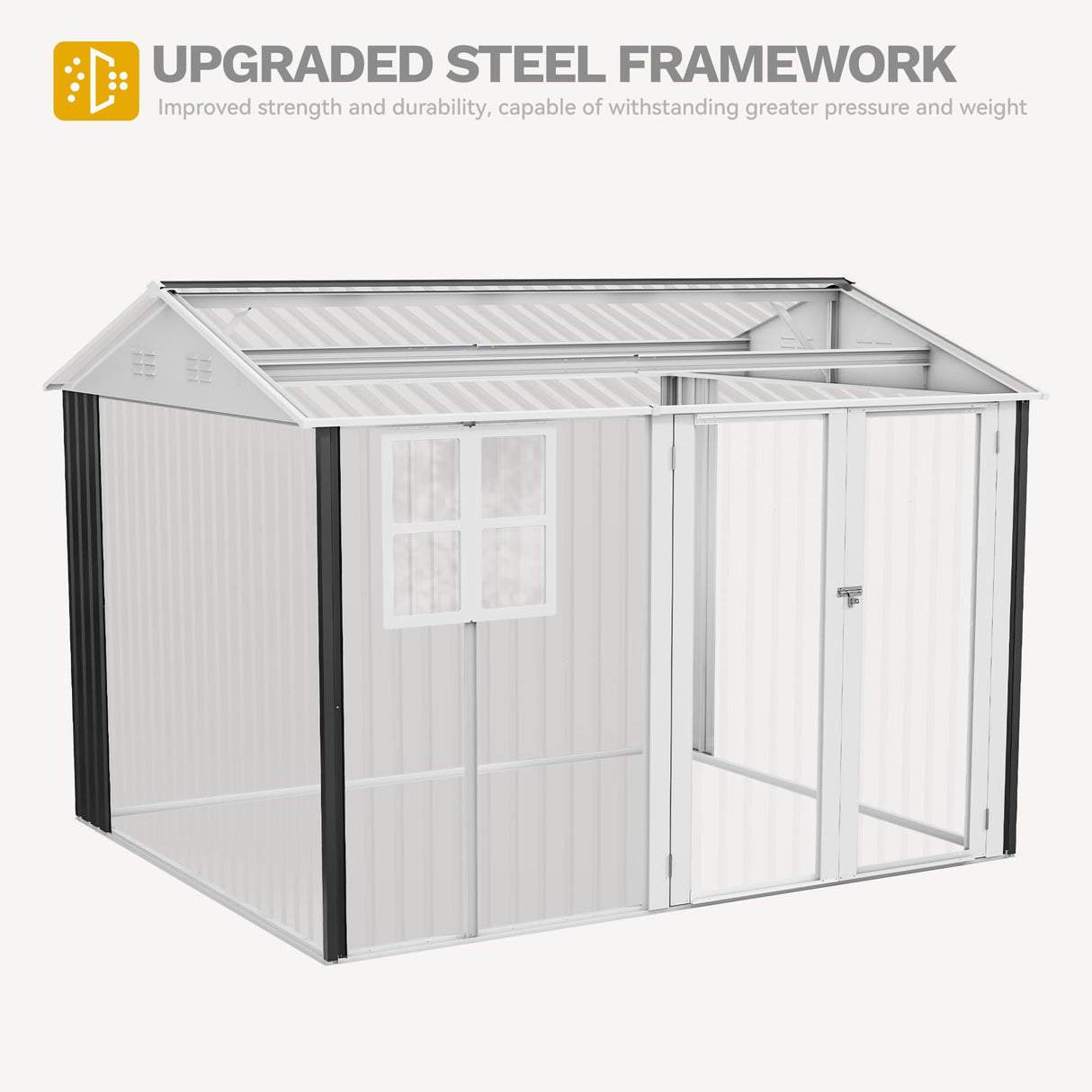 DWVO 10x8ft Large Tool Storage Shed with Window, Lockable Doors, and Sloped Roof, Oversized Steel Outdoor Storage Shed for Garden, Patio, Garage, Backyard, Lawn - Dark Gray DWVO