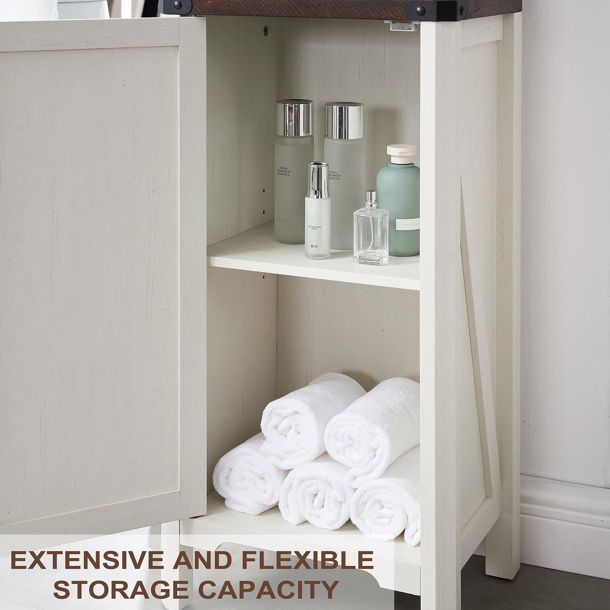 Minifeel Bathroom Storage Cabinet, 5-Shelf Farmhouse Storage Cabinet with Barn Door&Adjustable Shelves, Bathroom Organizer for Living Room, Kitchen (Antique White) Minifeel