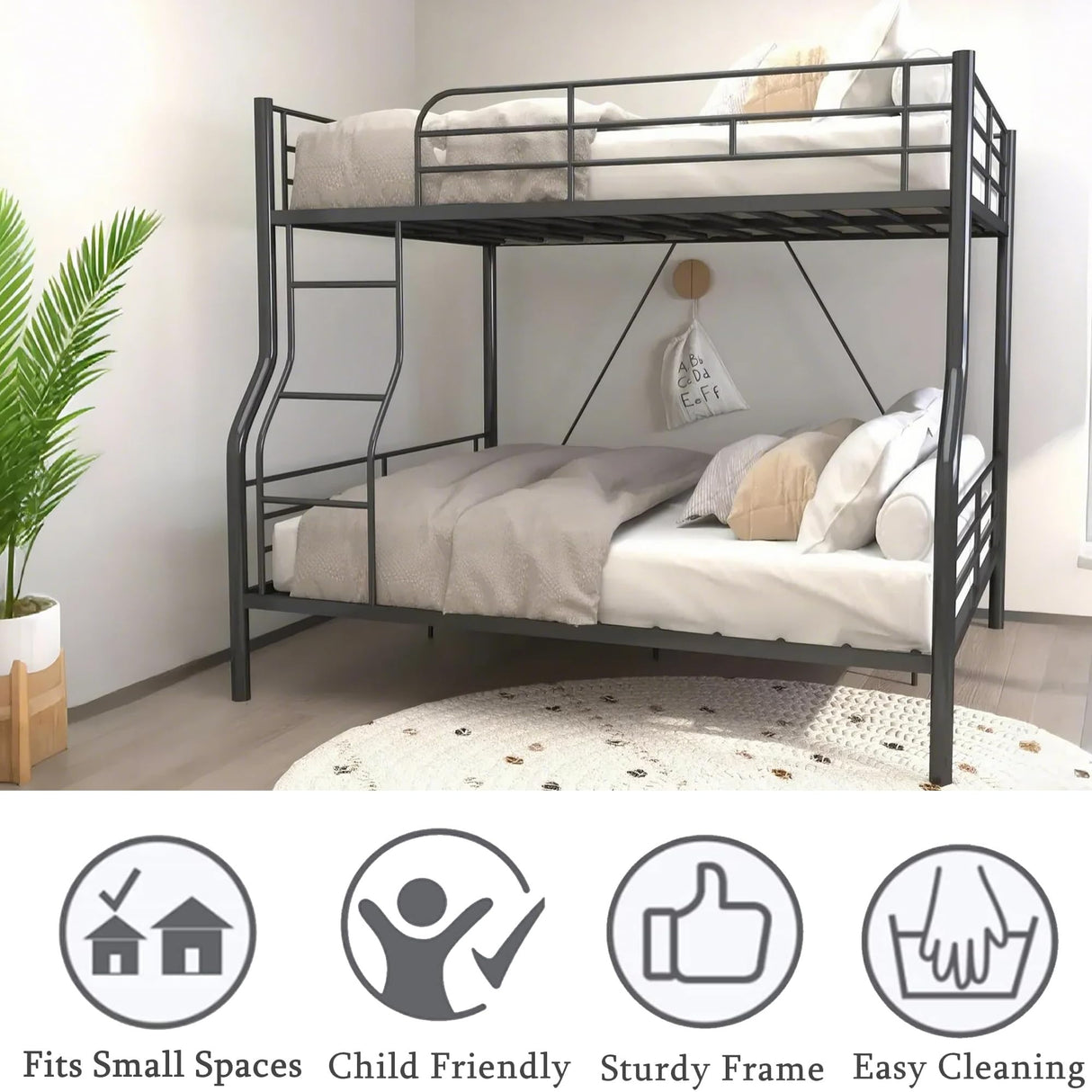 Movdevy Metal Full XL Over Queen Bunk Bed for Kids Adults Teens Boys, Stronger Metal Queen Size Bunk Beds, Heavy Duty Bunk Bed Full XL Over Queen with Ladder & Guardrail, No Box Spring Need (Black) Movdevy