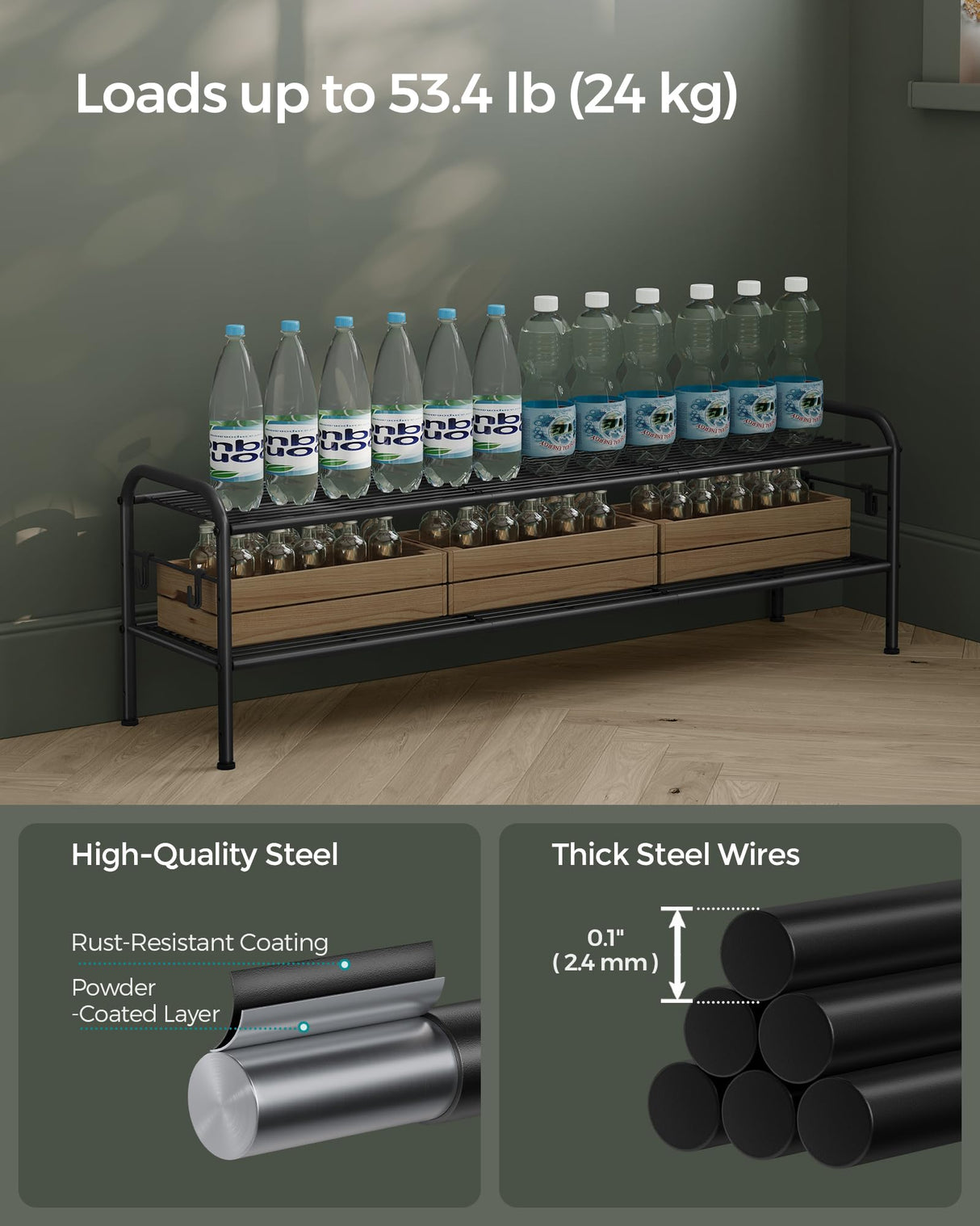 SONGMICS Shoe Rack, 2-Tier Shoe Organizer, Metal Shoe Shelf Storage with 4 Side Hooks, Holds 12 Pairs of Shoes, Height-Adjustable Shoe Rack for Entryway, Hallway, Closet, Easy Assembly, Ink Black SONGMICS