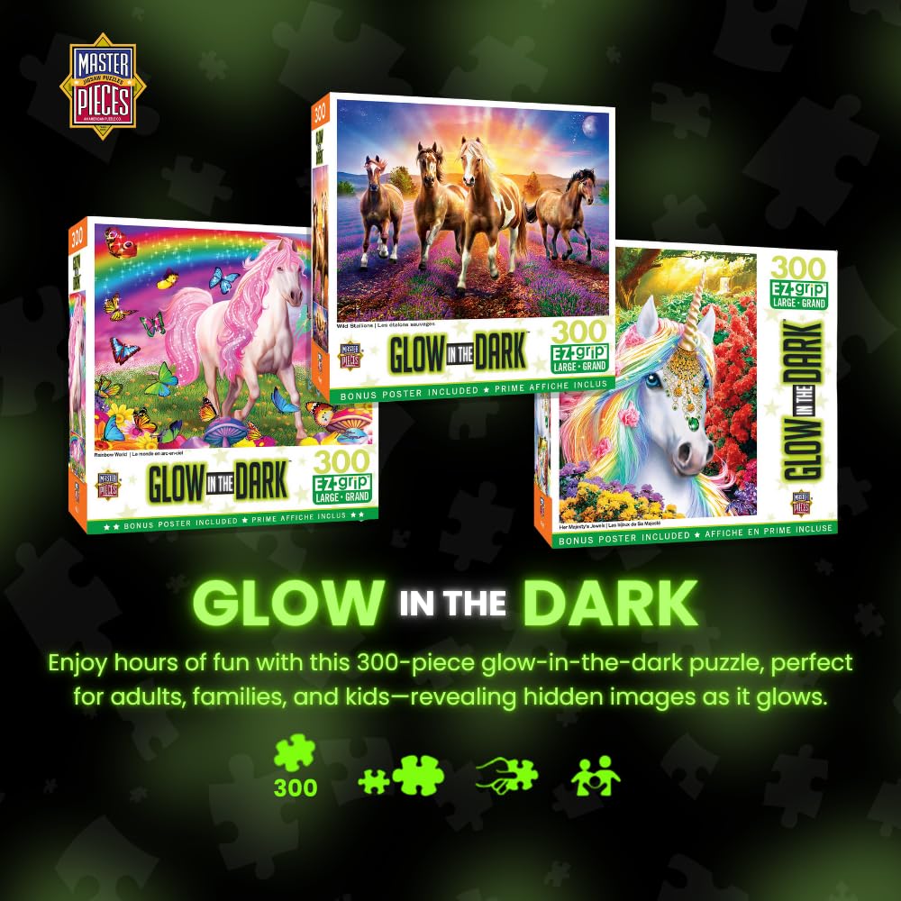 Masterpieces 300 Piece EZ Grip Glow in The Dark Jigsaw Puzzle - Wild Stallions - 18"x24" Masterpieces