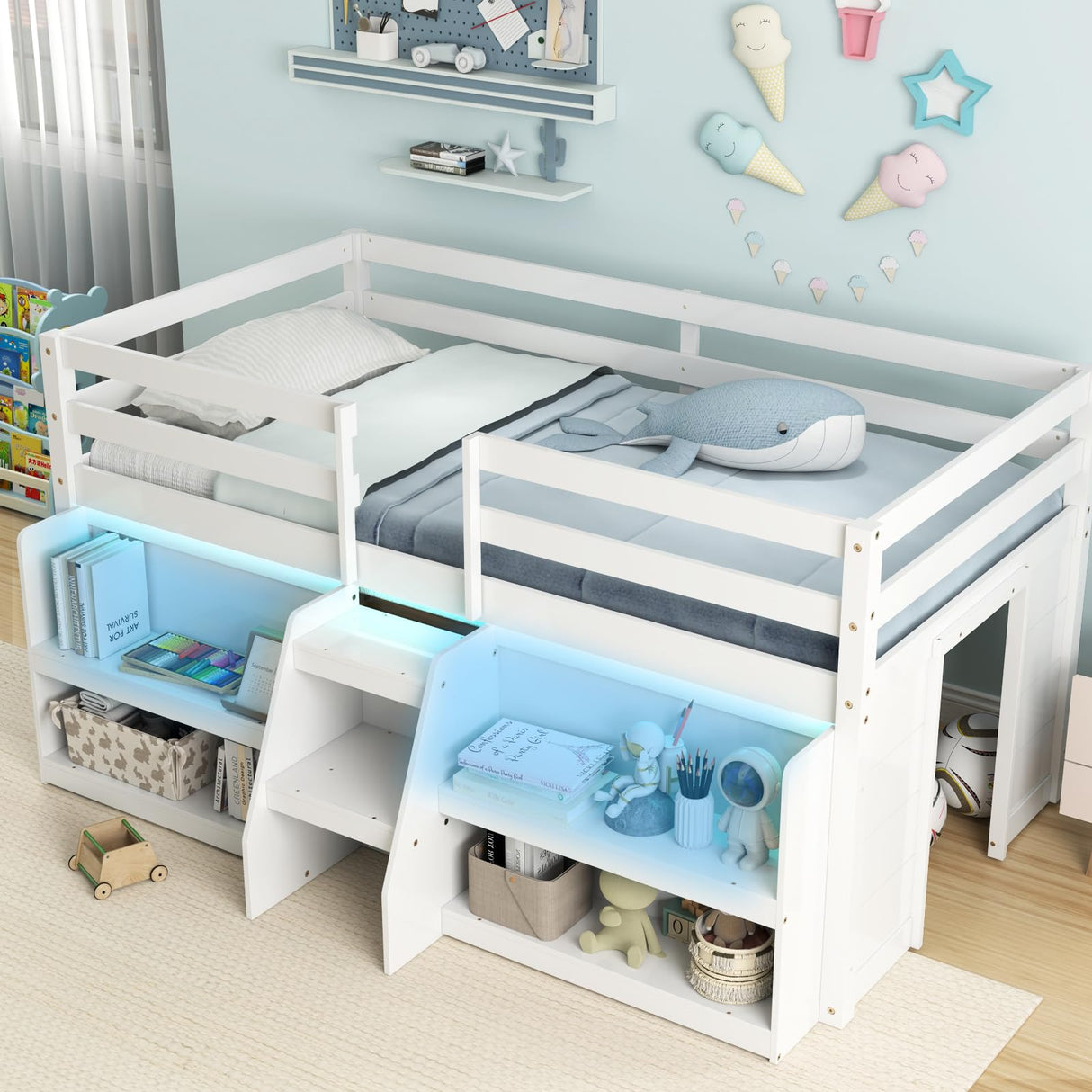 KOMFOTT Low Loft Bed with LED Light & 2 Bookcases, Wood Kids Twin Bed with Under-Bed Play Space, Stairs & Guardrails, No Box Spring Needed, Modern Low Loft Bed Frame, White KOMFOTT