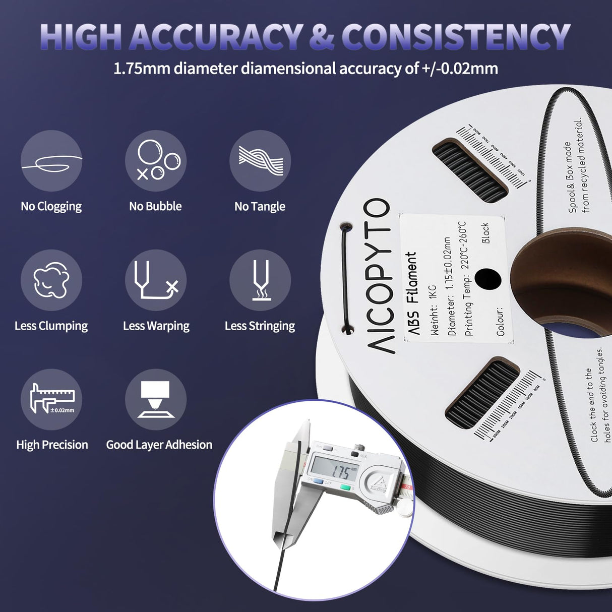 AICOPYTO ABS Filament 1.75mm, 3D Printer Filament Dimensional Accuracy +/- 0.02mm, 1KG Cardboard Spool (2.2 lbs) 3D Printing Filament Fits for Most FDM 3D Printers - ABS Black AICOPYTO