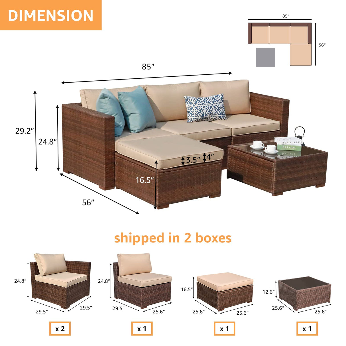 Patiorama 5 Piece Outdoor Patio Furniture Set, Outdoor Sectional Conversation Set, All-Weather Brown PE Wicker w/Beige Cushions, Outdoor Backyard Porch Garden Poolside Balcony Furniture Set Patiorama