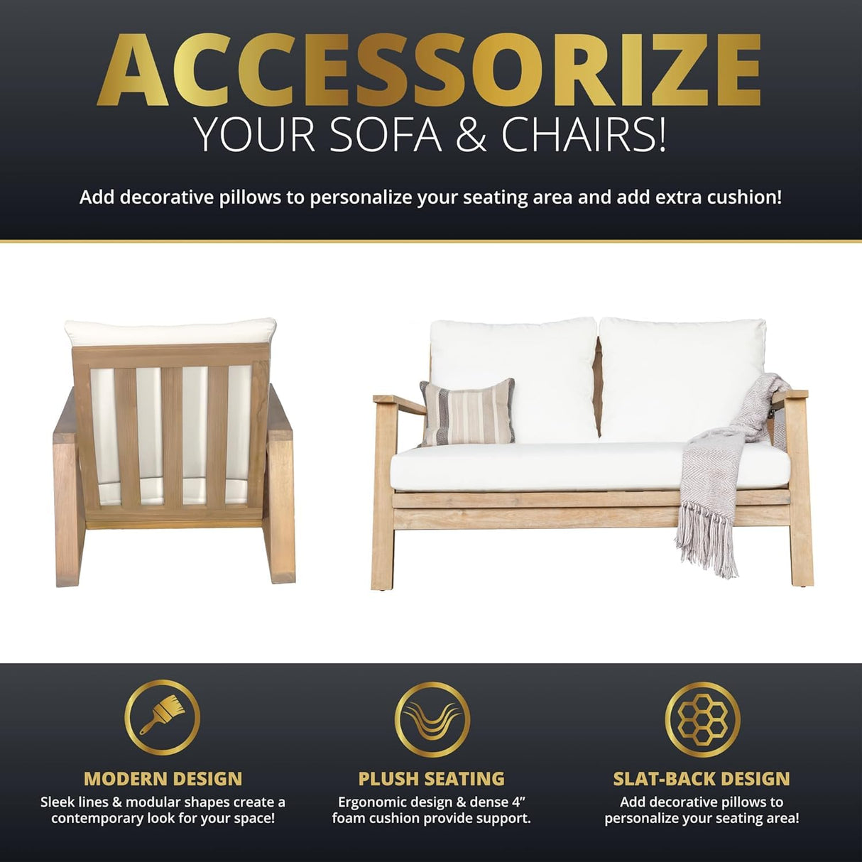 Lokingrise 4-Piece Acacia Wood Outdoor Sectional Sofa Set with Loveseat, Armchairs, Coffee Table, 4 Seater Chat Set, All-Weather Outdoor Wooden Patio Conversation Sets for Garden, Backyard Lokingrise