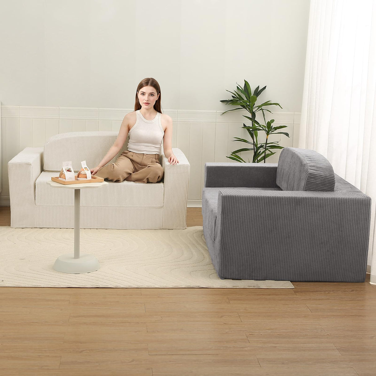 MeMoreCool Convertible Sofa Bed, Pull Out Loveseat Sleeper Sofa, Small Boneless Cloud Couch Bed for Adults, Fold Out Foam Love Seat Grey, Corduroy Folding Floor Couch for Bedroom MeMoreCool