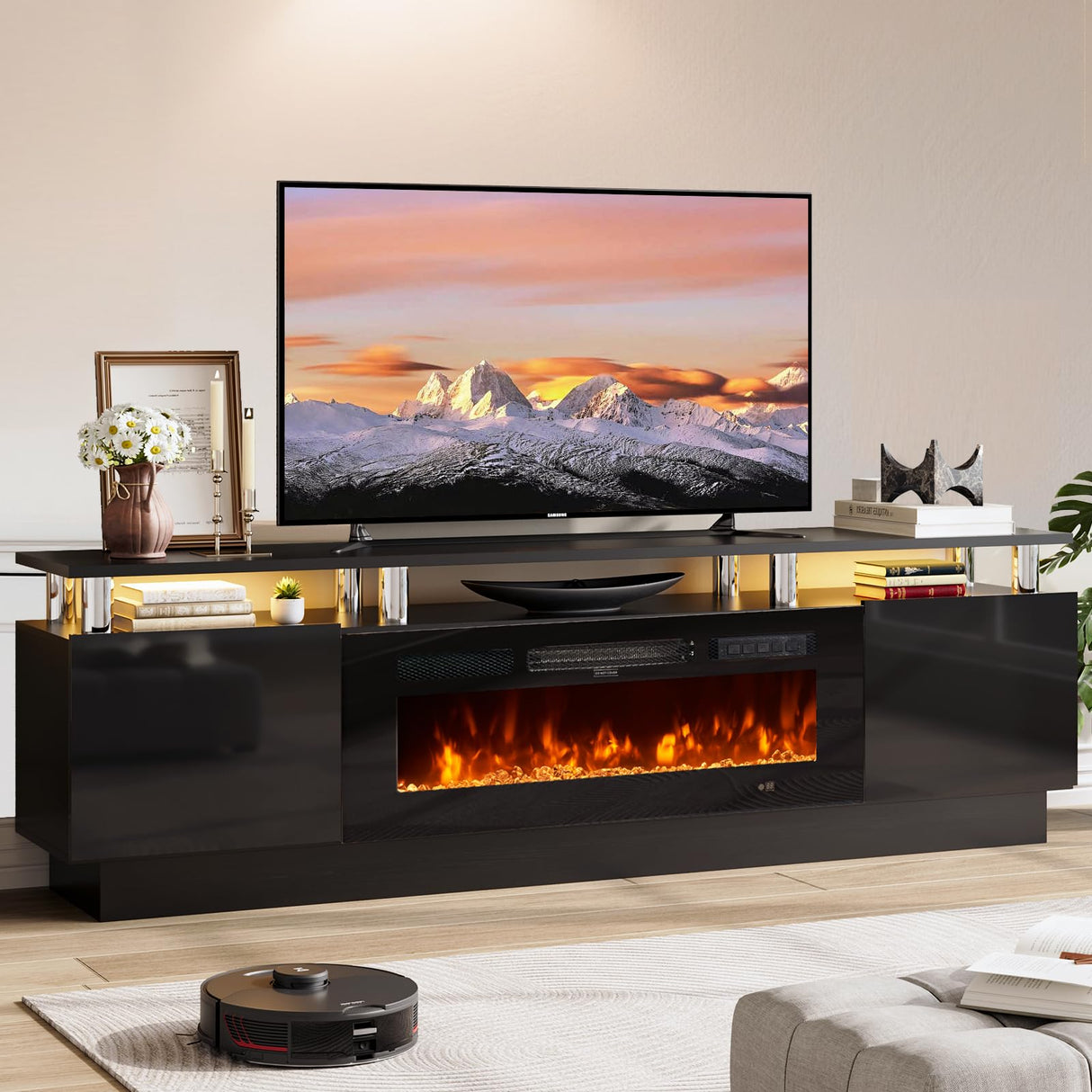 OneBlis 70" TV Stand for Living Room, Modern Entertainment Center & Media Console, Fits TVs up to 80", Storage Cabinet with Shelves, 36" Electric Fireplace with LED Flame (All Black) OneBlis