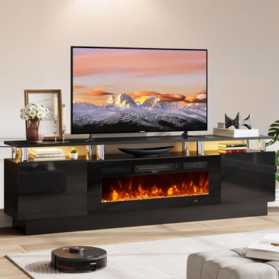 OneBlis 70" TV Stand for Living Room, Modern Entertainment Center & Media Console, Fits TVs up to 80", Storage Cabinet with Shelves, 36" Electric Fireplace with LED Flame (All Black)