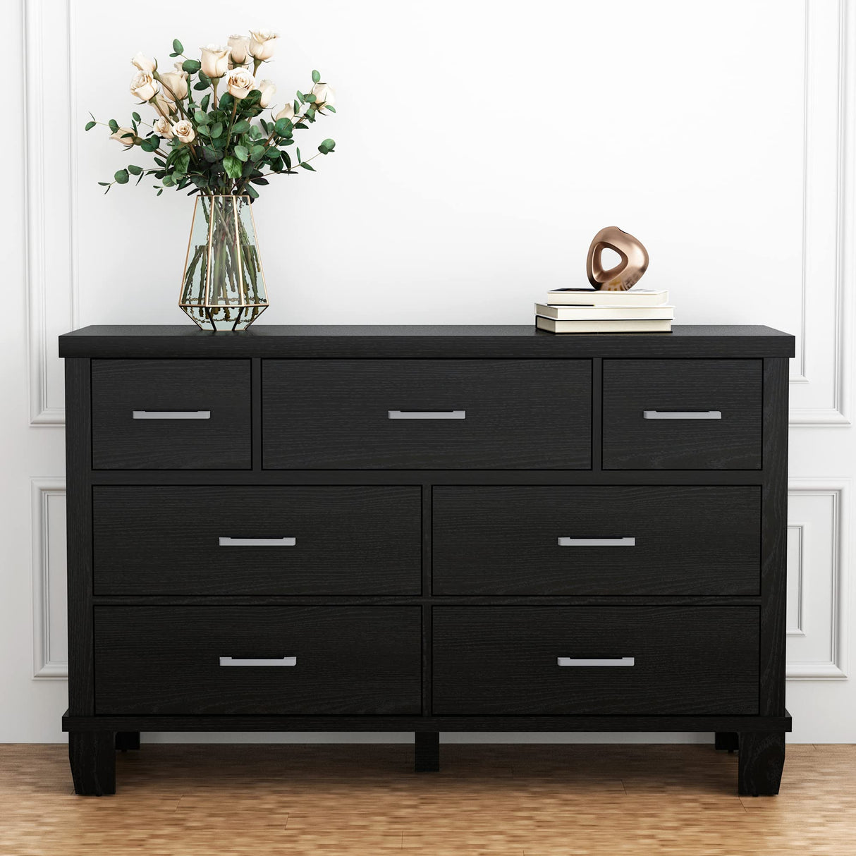 GarveeHome Dresser for Bedroom, 7 Drawers Modern Wood Dresser, 51" Wide Chest of Drawers Closet, Wooden Dresser Organizer with Metal Handle, for Bedroom, Living Room, Black GarveeHome