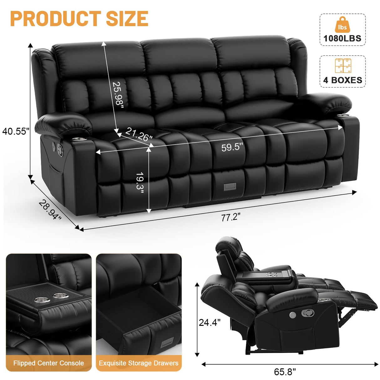 Dresegmt Loveseat Recliner Sofa, Flip Middle Backrest Design PU Leather 3 Seat Reclining Sofa with Storage Drawer, Manual Couch for Living Room/RV (Black, PU) Dresegmt