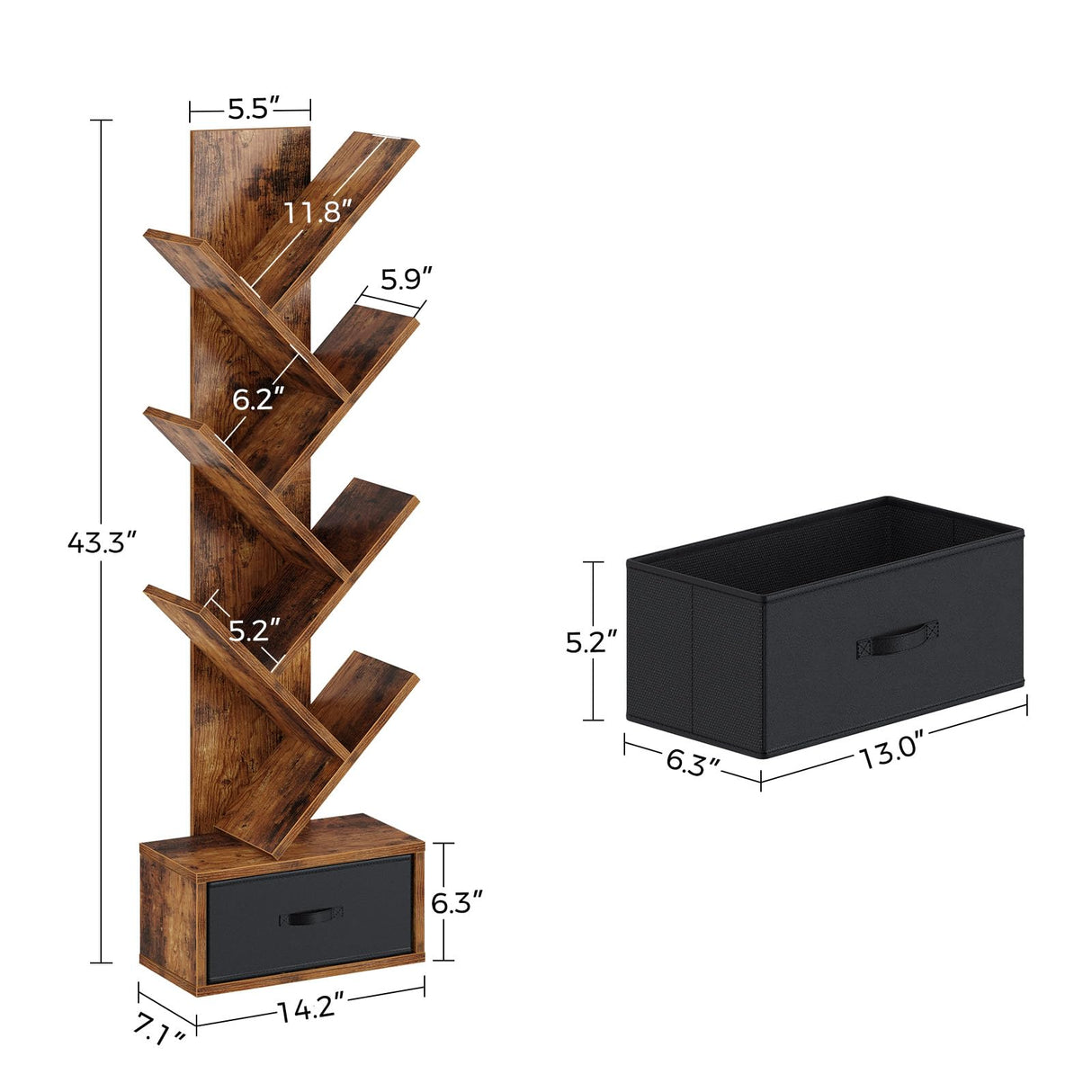 Rolanstar 7 Tier Bookshelf with Drawer, Tree Bookshelf, Small Bookshelves with Storage Rack for CDs/Movies/Books, Standing Book Shelf, Tall Narrow Bookcase for Living Room, Bedroom, Rustic Brown Rolanstar