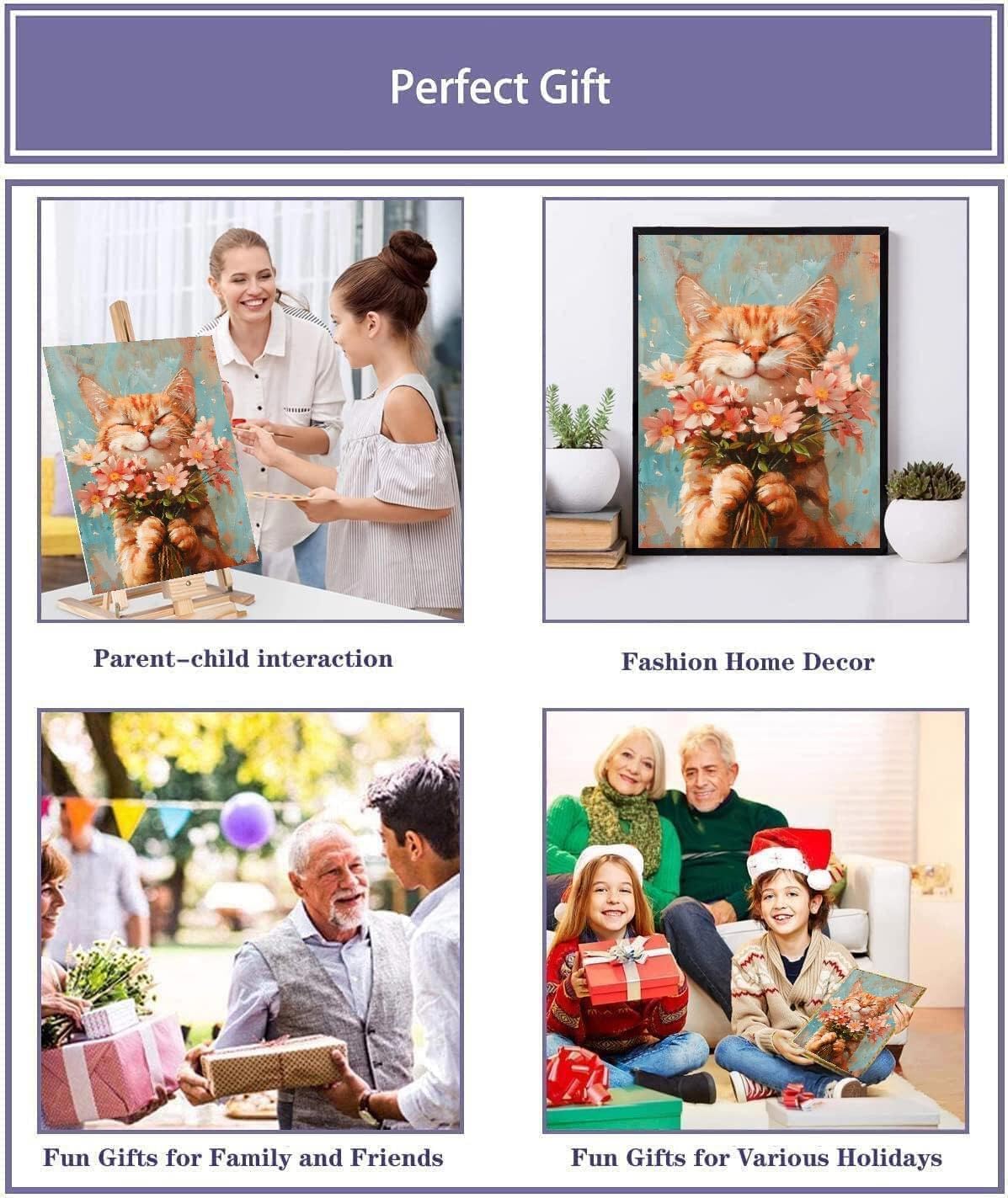 Cat Paint by Numbers Kit for Adults with Framed Canvas&Wooden Easel, DIY Acrylic Paint by Numbers Kits on Canvas, Cat with Flower Drawing Paintwork Arts and Crafts for Home Wall Decor 12x16inch Clendo