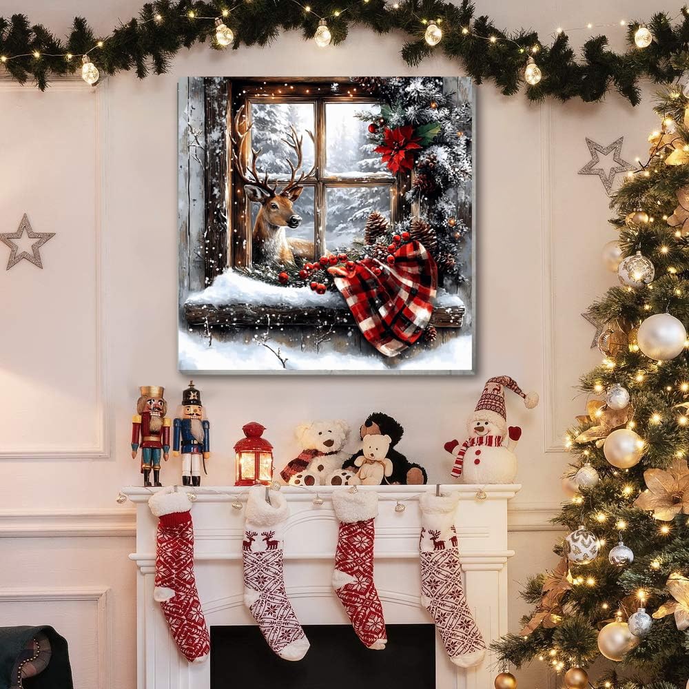 VIGEGU Christmas Paint by Numbers Kit for Adults with Framed,Deer Winter Landscape Paint by Number DIY Adult Paint by Number Kits for Wall Decor 12x12in VIGEGU