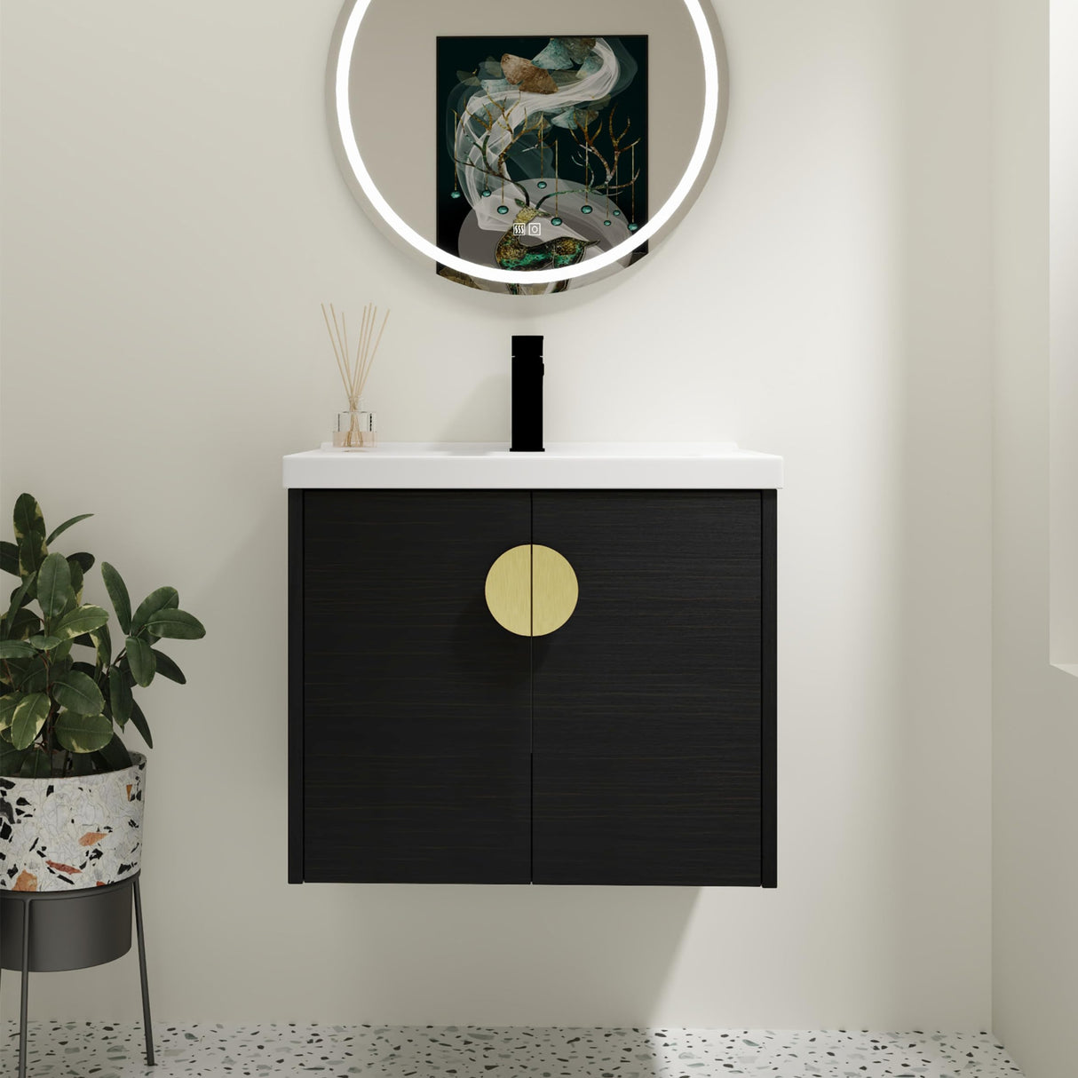 SSLine Modern 24" Floating Bathroom Vanity with Sink Wall Mounted Bathroom Vanity with Top Basin & Storage Cabinet Luxury Black Wood Hanging Vanity w/Ceramic Sink & Gold Handles for Small Space SSLine