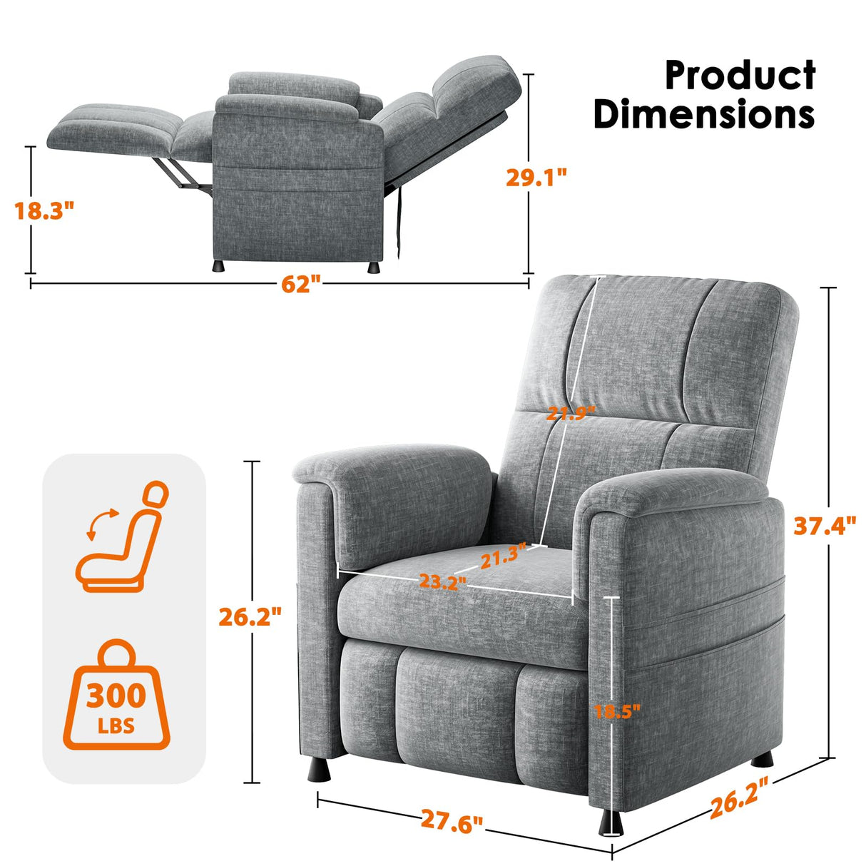 Pipishell Recliner Chairs for Adults, Recliner Chair with Remote, Adjustable Recline/Footrest, Chenille Fabric, High Back, Thick Seat Cushion, Recliner for Living Room, RV & Home Theater (Light Grey) Pipishell