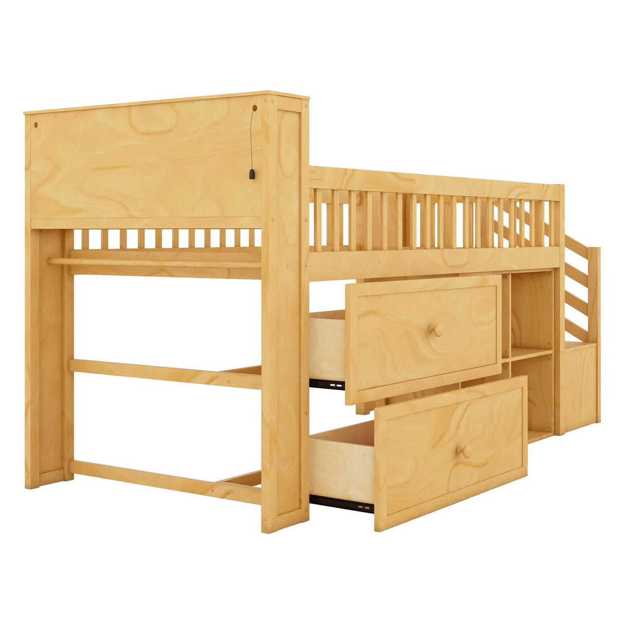 Low Loft Bed with LED Lights and Bookshelf, Wooden Kids Loft Bed with Stairs and Safety Guardrail, Low Loft Bed Twin with 2 Storage Drawers and Shelves for Girls Boys,No Box Spring Needed, Natural Mirightone