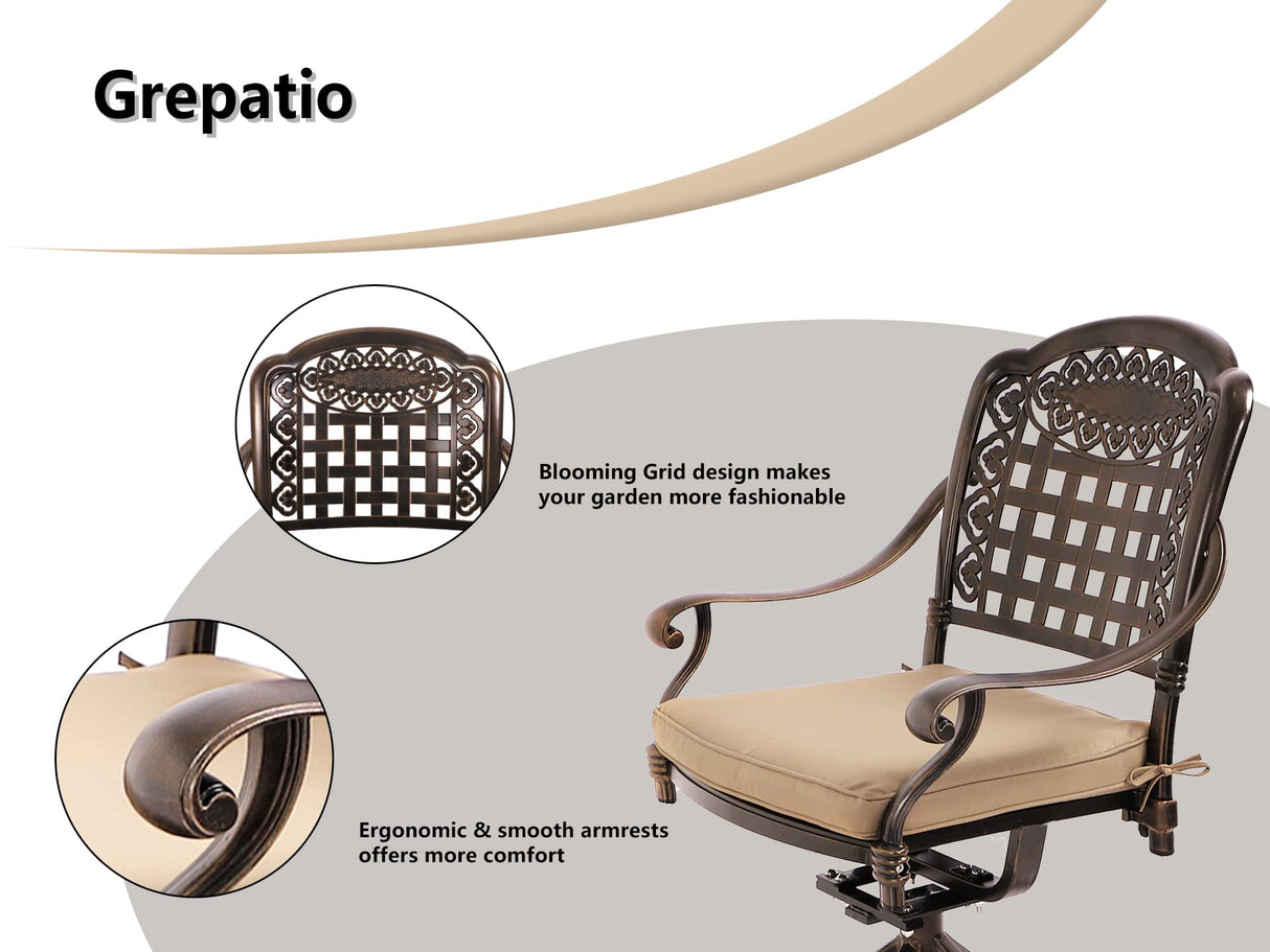 Grepatio 5 Piece Cast Aluminum Patio Dining Set Outdoor Furniture Set with 4 Mesh Swivel Rocker Ding Chairs, 4 Khaki Cushions and 35.4" Square Patio Table 2.4" Umbrella Hole, Antique Bronze Grepatio