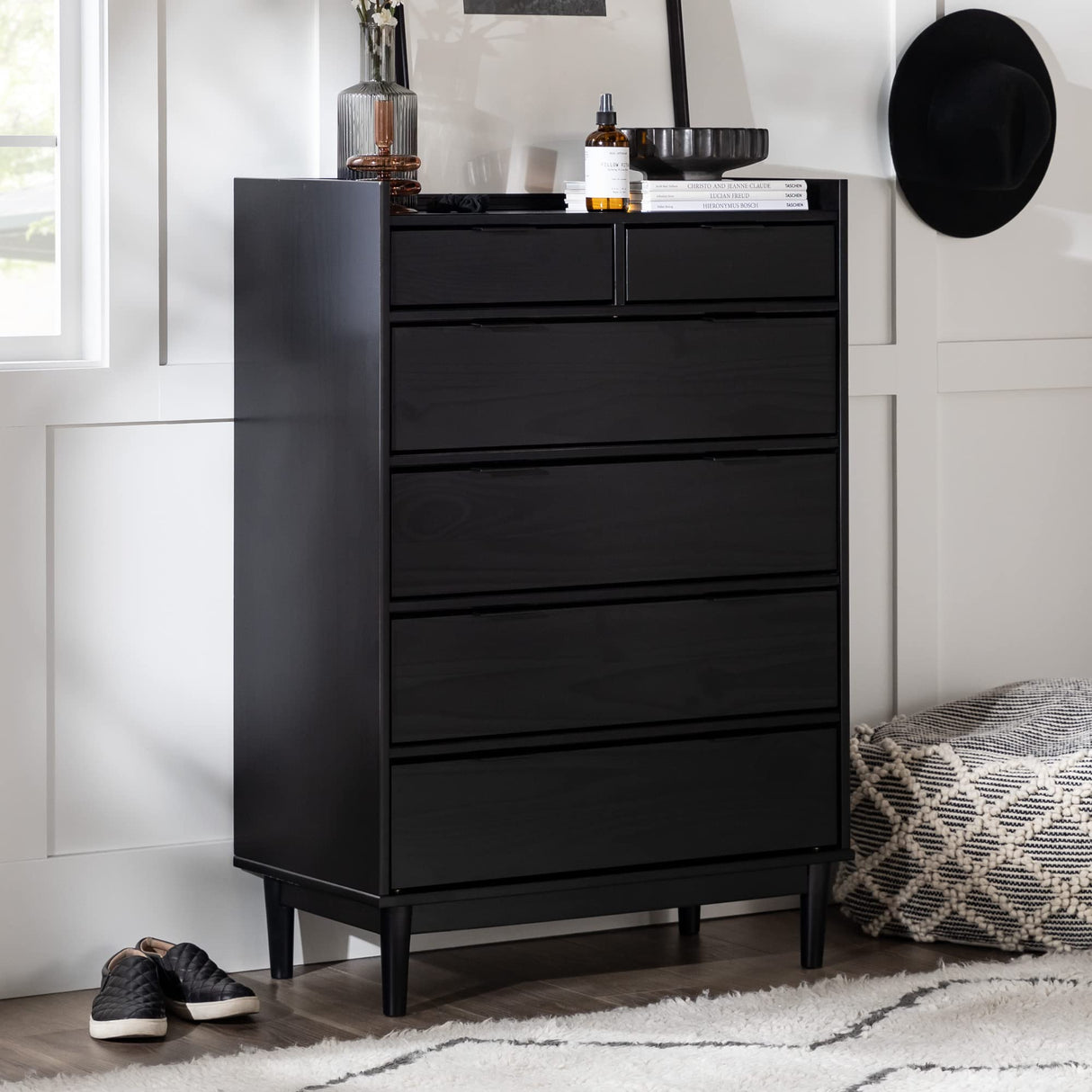Walker Edison Blythe Mid-Century Modern Tray-Top Solid Wood 6-Drawer Dresser, 30 Inch, Black Walker Edison