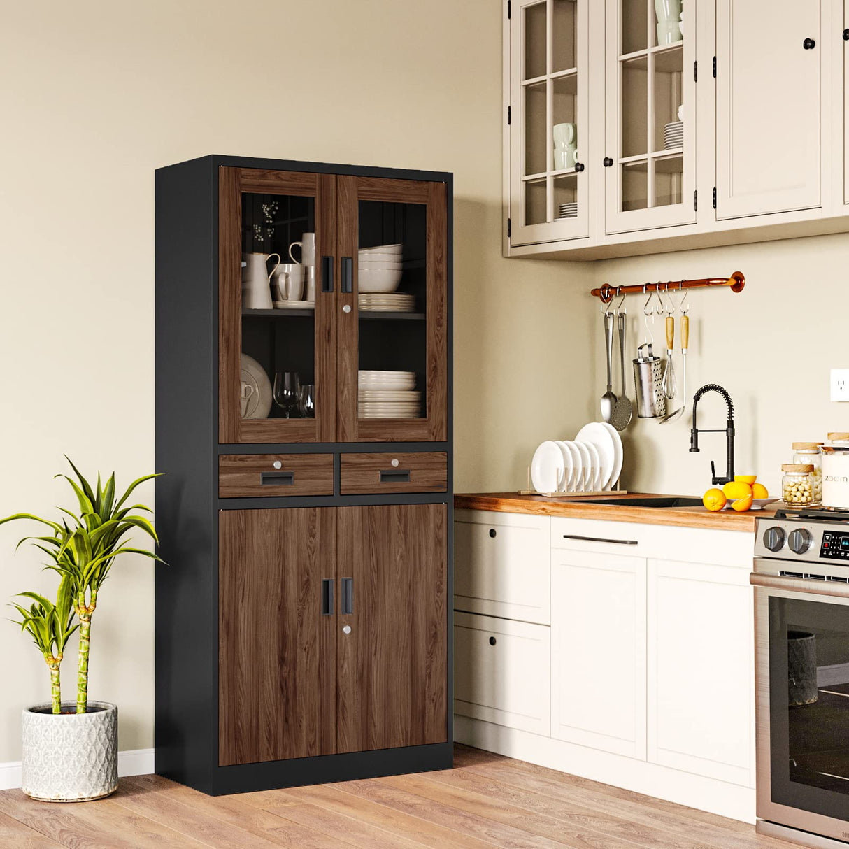 PEUKC Kitchen Pantry Cabinet, 71" Freestanding Kitchen Pantry Storage Cabinet with Drawer and Adjustable Shelves, Metal Tall Pantry Cabinet Cupborad with Glasses Doors, Wood Color PEUKC