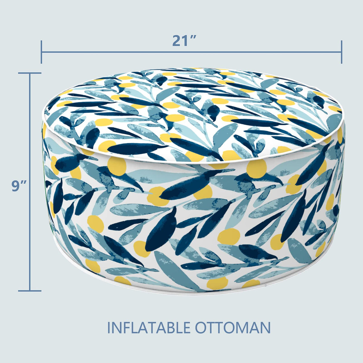 LVTXIII Outdoor/Indoor Inflatable Stool Ottoman, All Weather Patio Footrest Pouf, Portable Round Ottoman for Patio Garden, Camping or Home, D21xH9 Inches, Blue Leaves LVTXIII