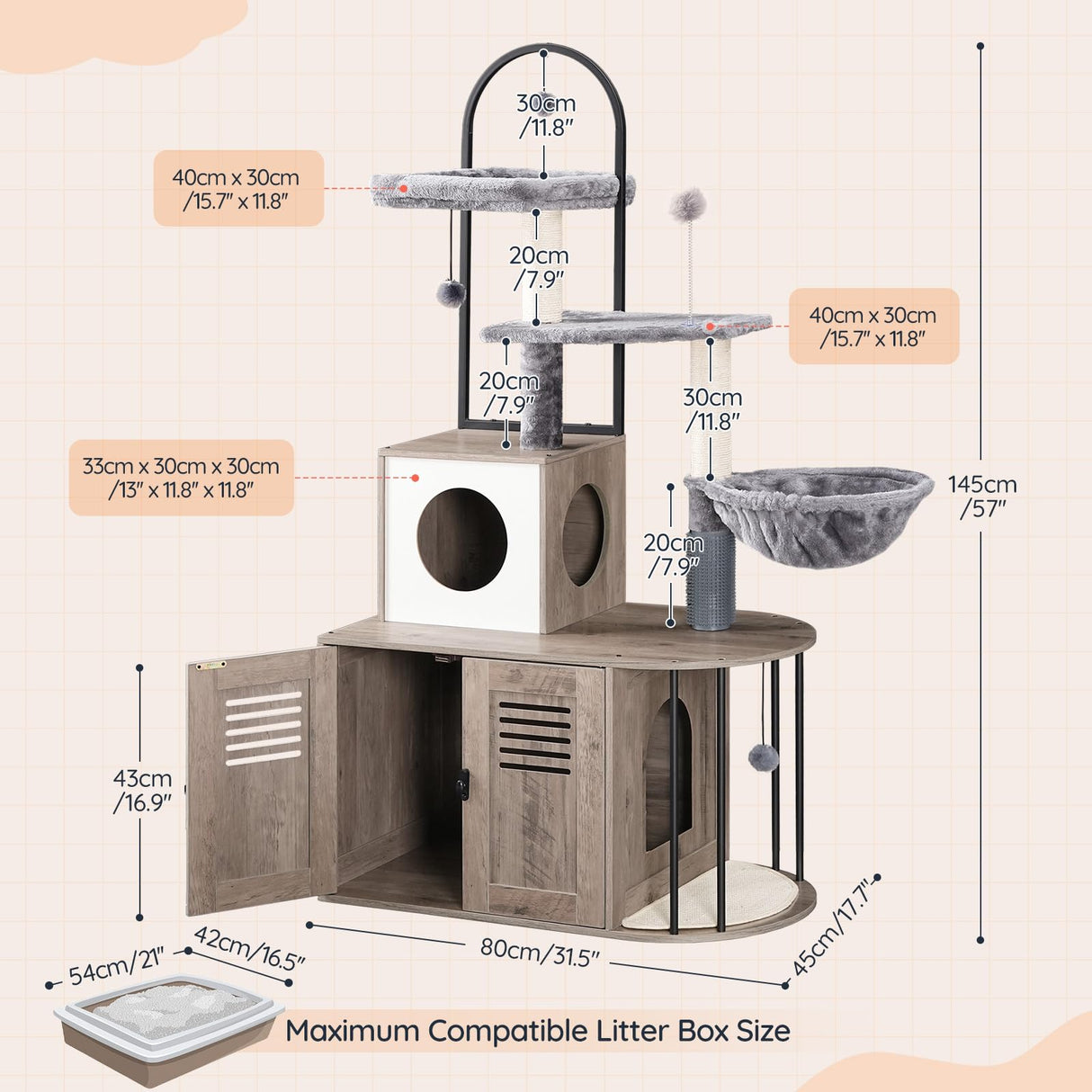 HOOBRO Cat Tree with Litter Box Enclosure, Arched All-in-One 31.5" Cat Tower with Hidden Litter Box Furniture for Indoor Cats, Versatile Cat Condo with Sisal Posts, Hammock, Greige and Gray BG45MZ03 HOOBRO