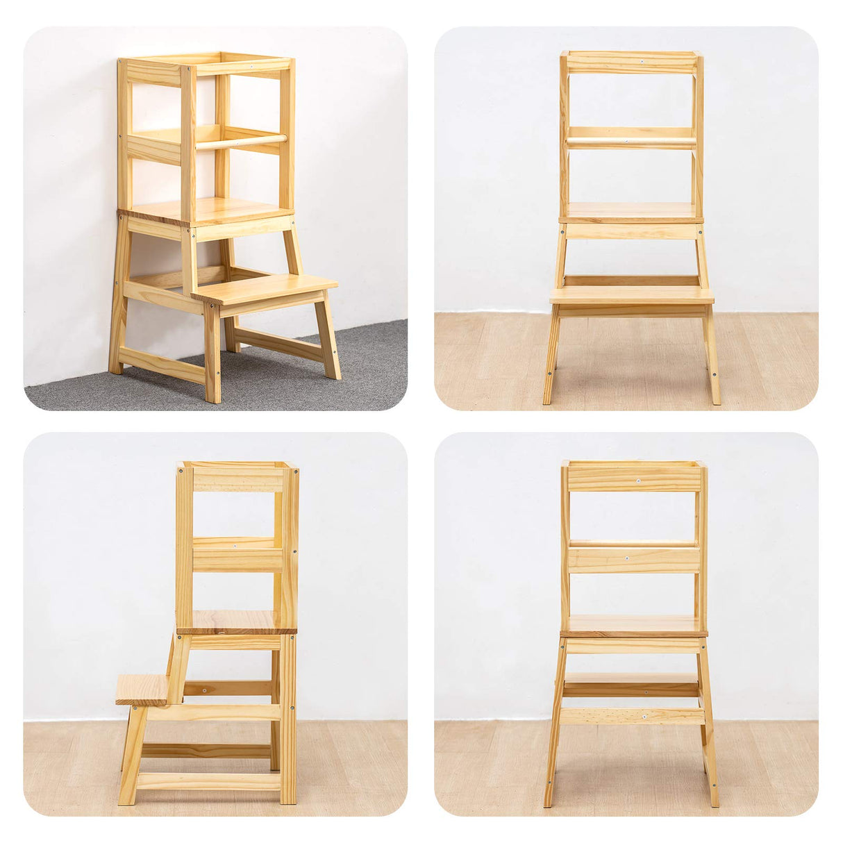 Kitchen Step Stool for Toddlers with Non-Slip Mat, Wood City Wooden Kids Montessori Learning Stool Tower, Toddler Standing Tower Helper for Kitchen Counter and Bathroom Sink. WOOD CITY