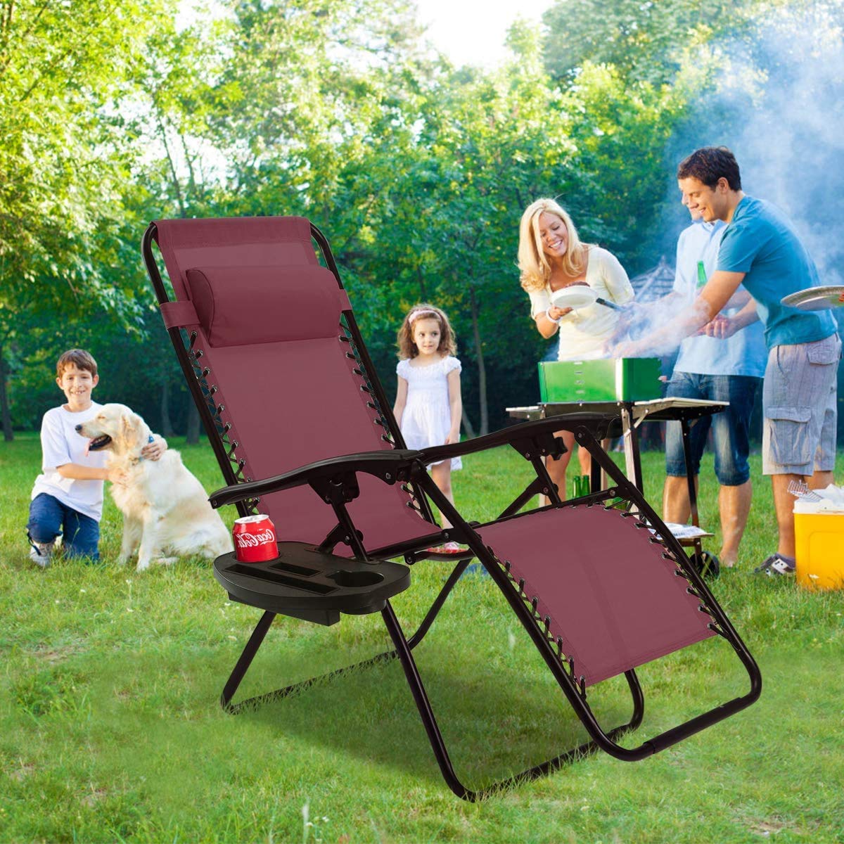 topment Outdoor Zero Gravity Lounge Chair with Pillow & Utility Tray, Folding Patio Lawn Beach Recliner(Wine) topment
