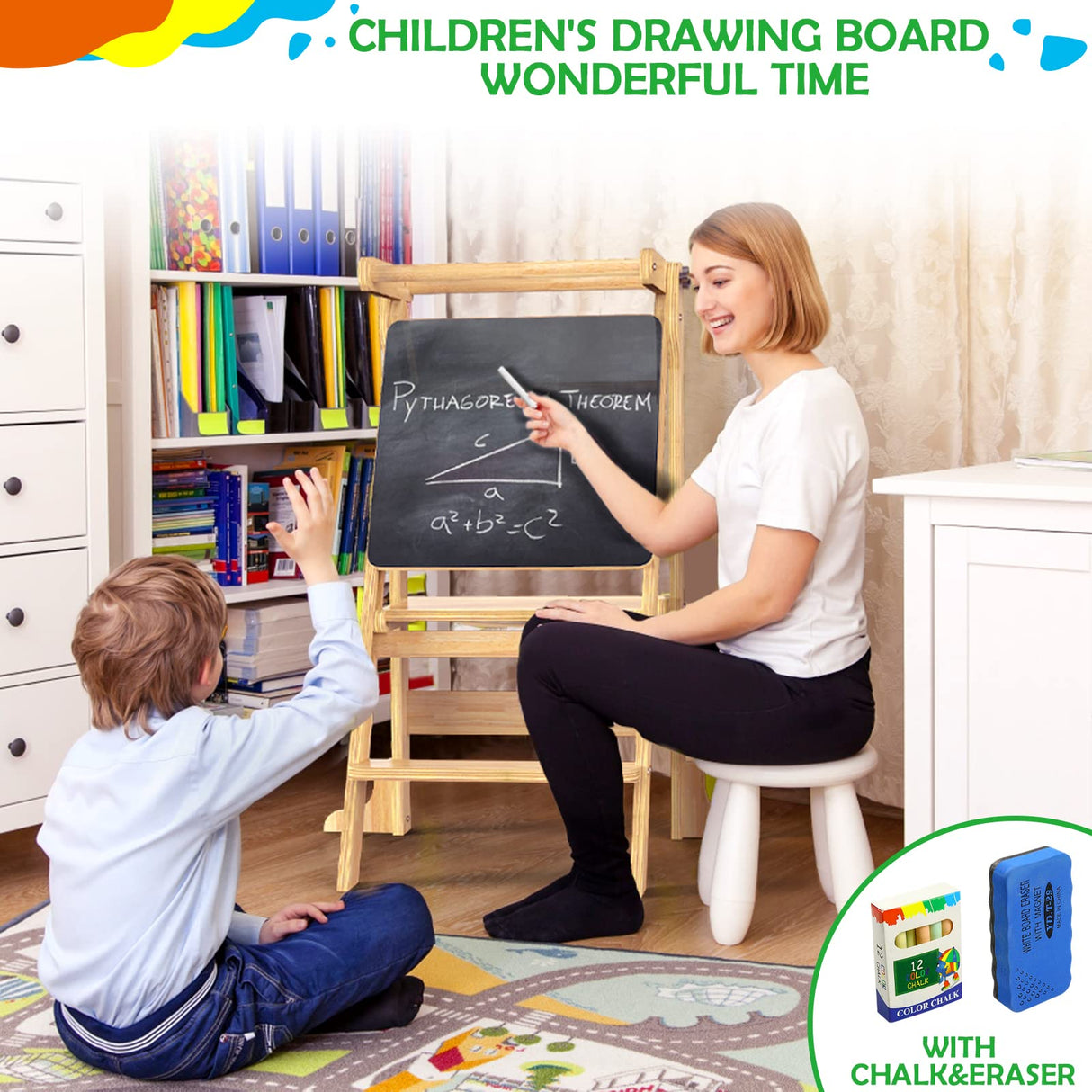 Toddler Tower Foldable - Kids Kitchen Step Stool with 3 Adjustable Heights & Safety Rail, Montessori Tower with Chalkboard for Learning, Standing Tower Helper Stool for Kitchen Counter Sink (Natural) SAUCE ZHAN